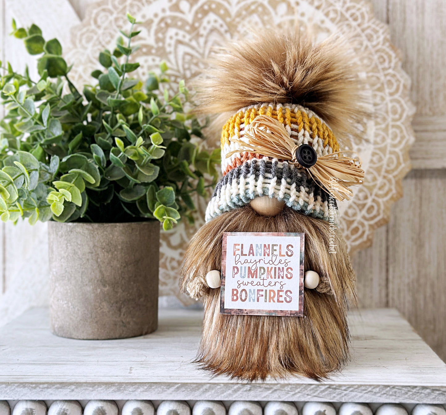 Adorable Striped Hat Gnome with Fall Sign - Perfect Tiered Tray Decoration for Autumn