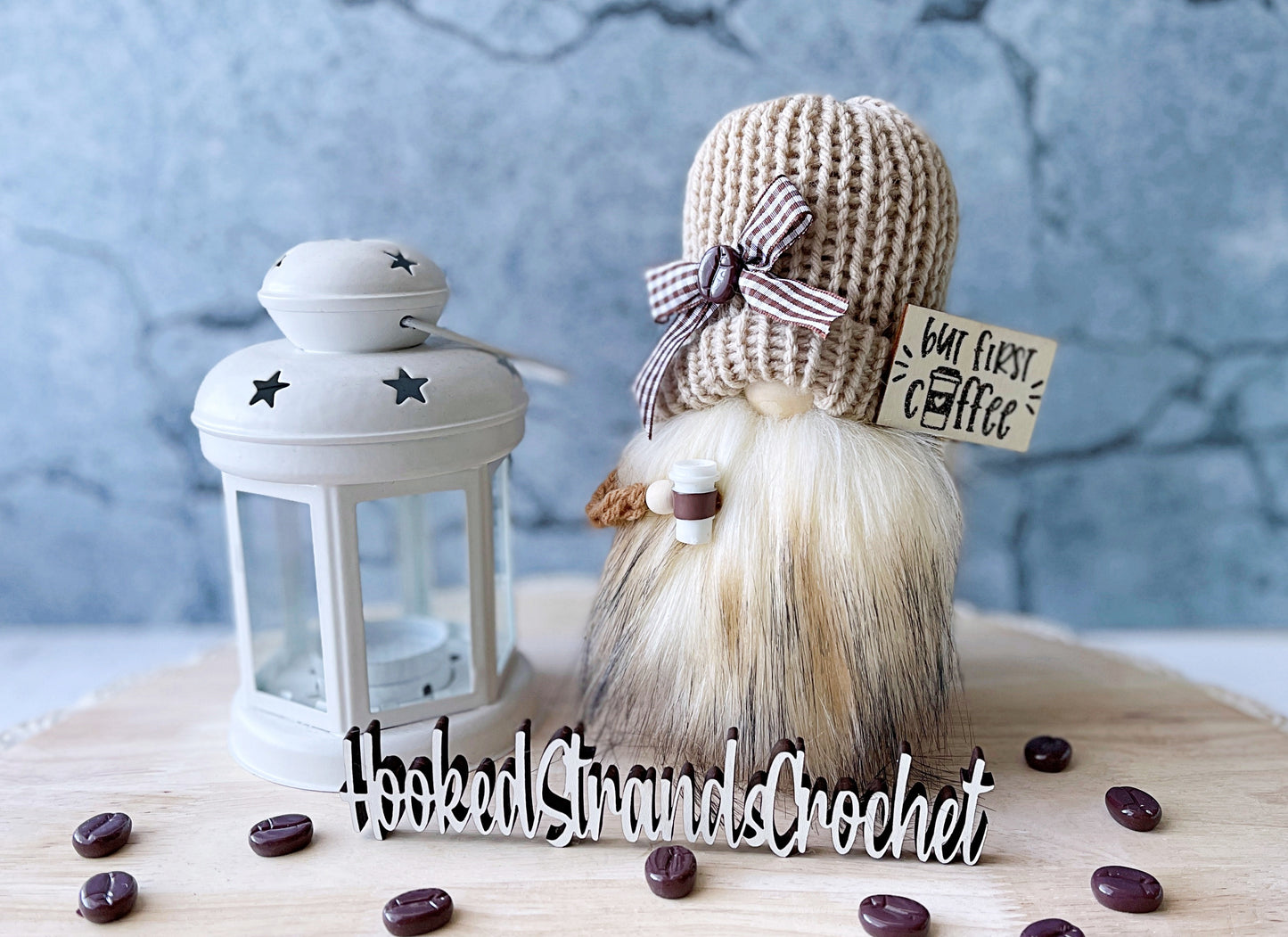 Knit coffee themed gnome with sign - Coffee lover gift - Tiered tray decor