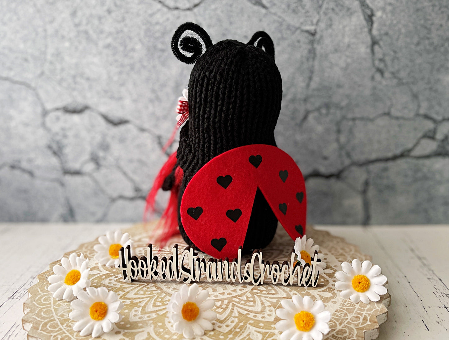 Sweet knit ladybug gnome with "lovebug" sign -Tiered tray decor