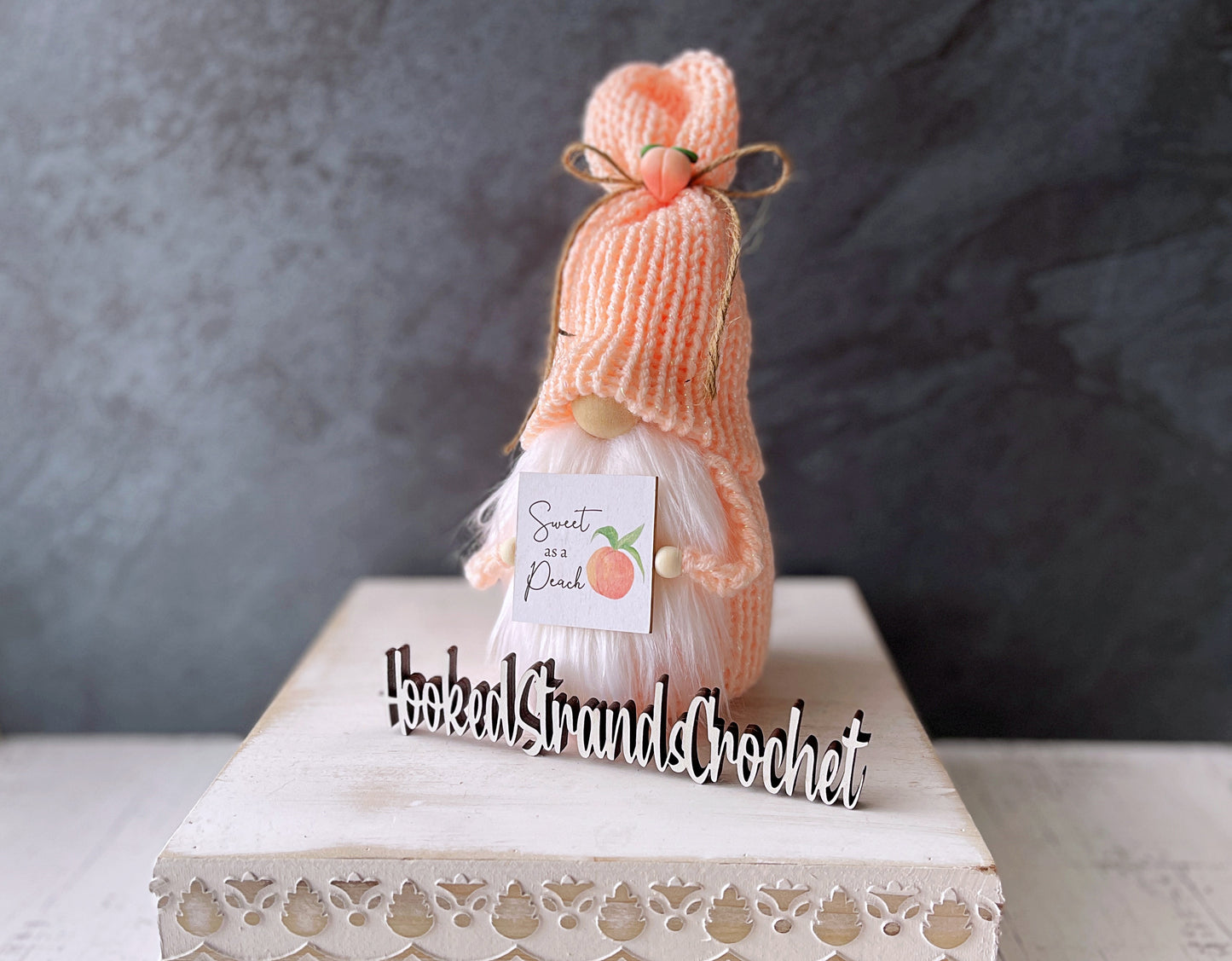 Summer fruit knit peach- themed gnome with sign - Tiered tray decor