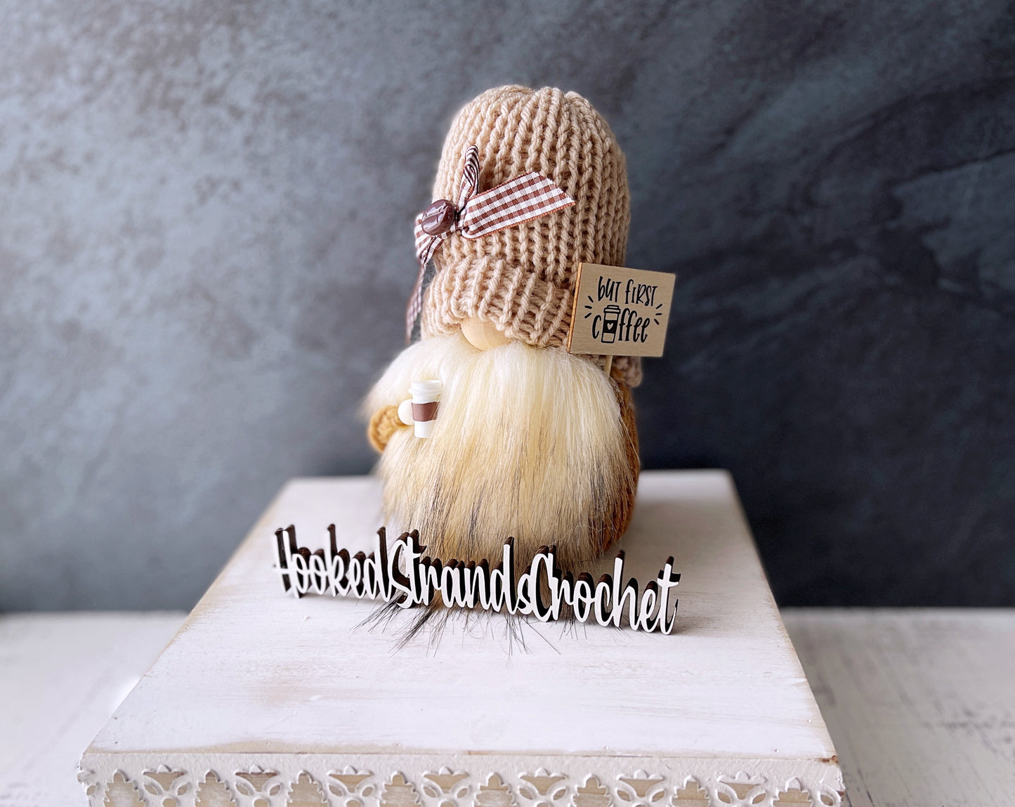 Knit coffee themed gnome with sign - Coffee lover gift - Tiered tray decor