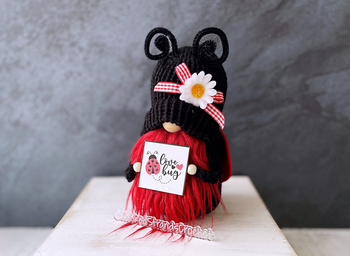 Sweet knit ladybug gnome with "lovebug" sign -Tiered tray decor