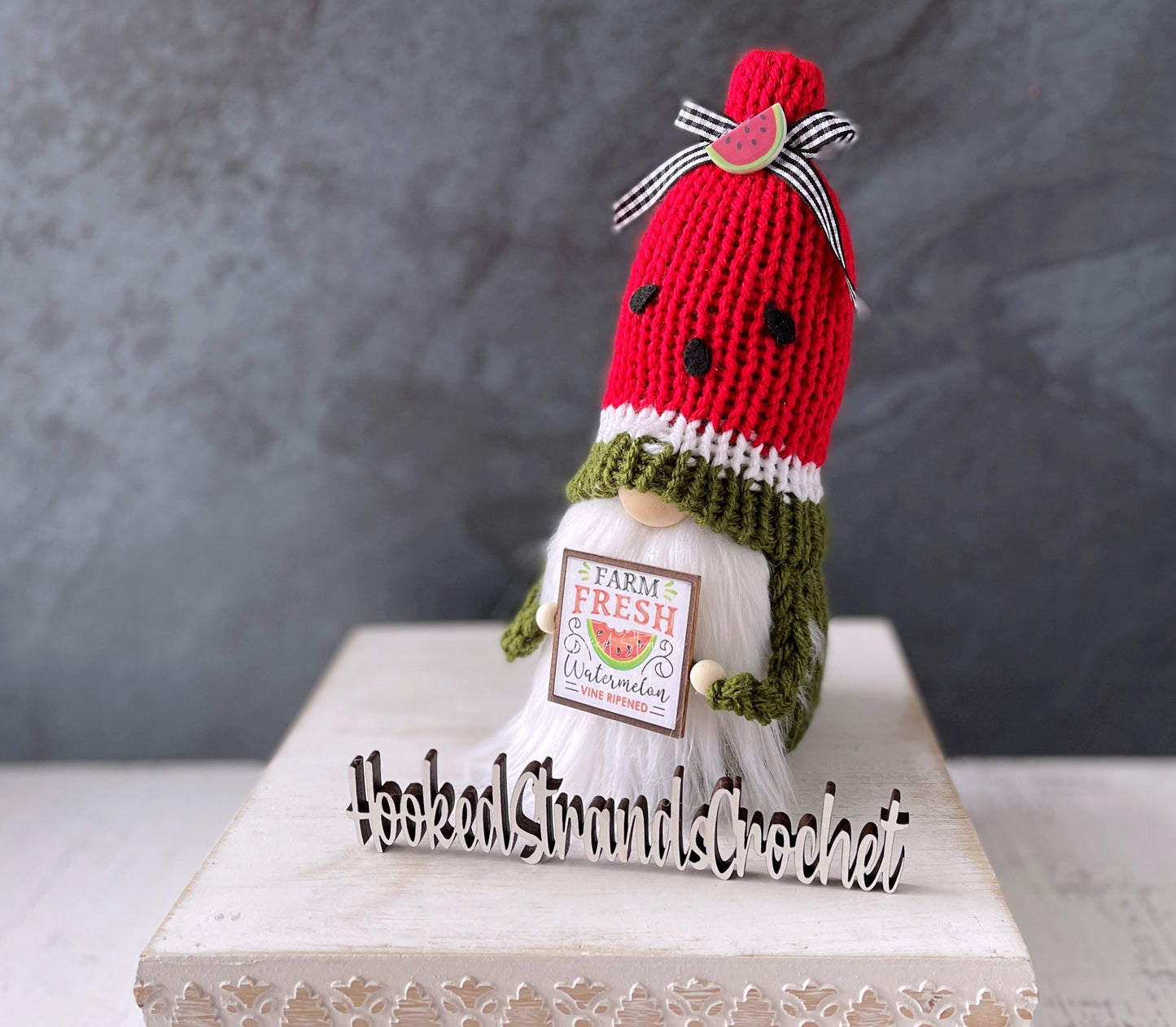 Adorable Watermelon Themed Knit Gnome - Summer Fruits Kitchen Decor - Tiered Tray or Shelf Accent