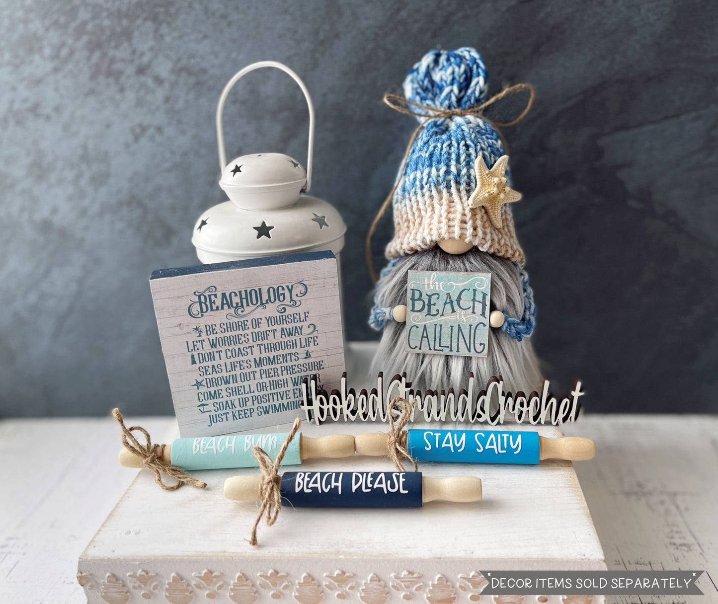 Summer beach gnome with starfish and beach themed sign - Tiered tray decor