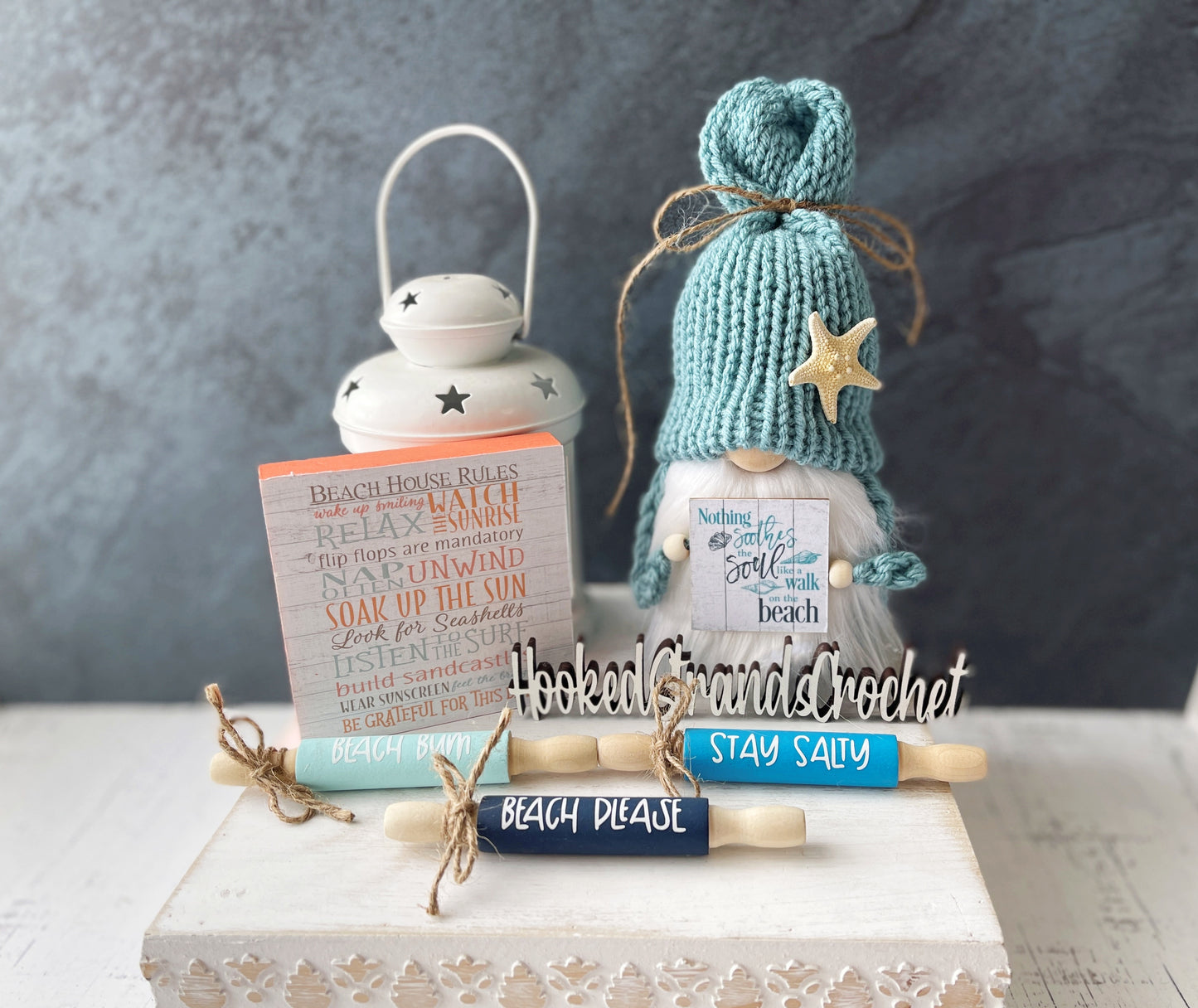 Summer beach gnome with starfish and beach themed sign - Tiered tray decor