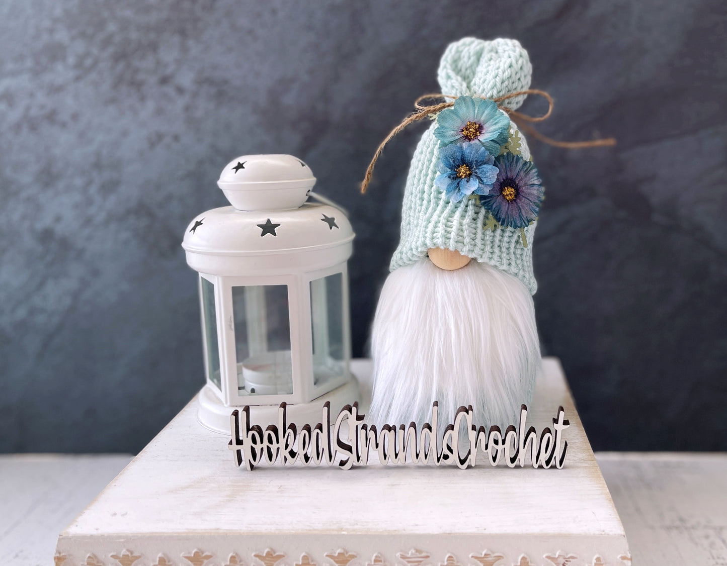 Blue knit pansy gnome - Summer style - Tiered tray decor