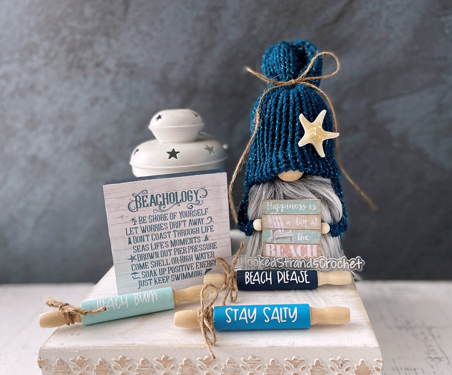 Summer beach gnome with starfish and beach themed sign - Tiered tray decor