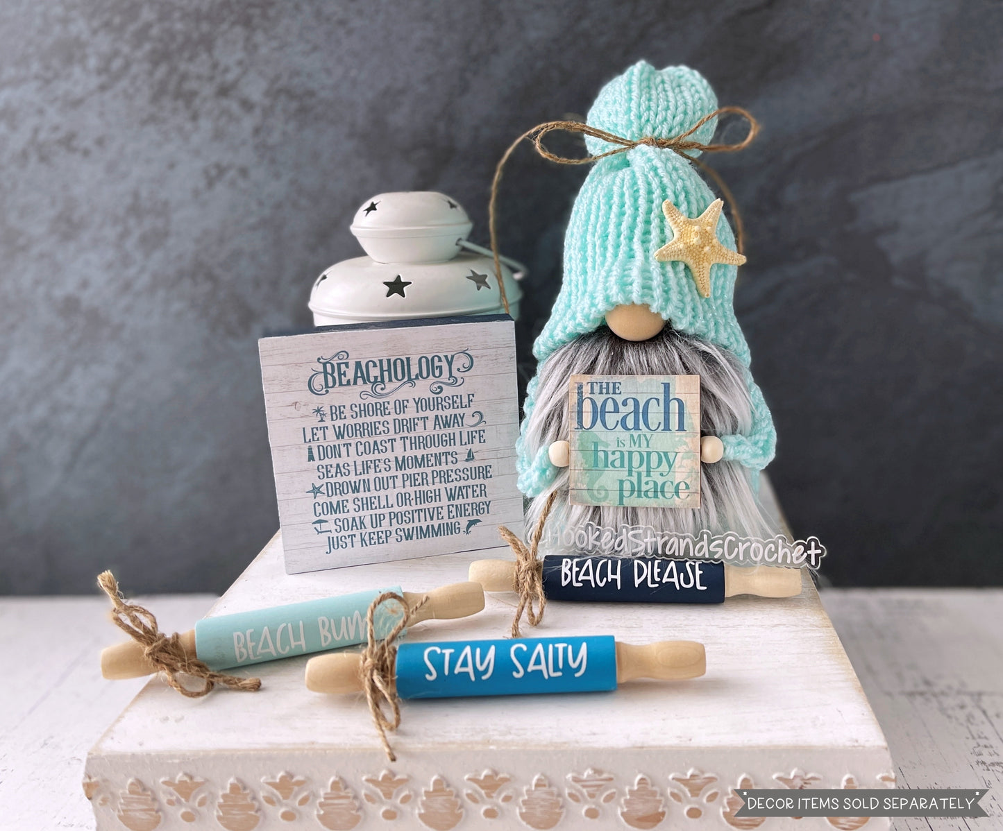 Summer beach gnome with starfish and beach themed sign - Tiered tray decor