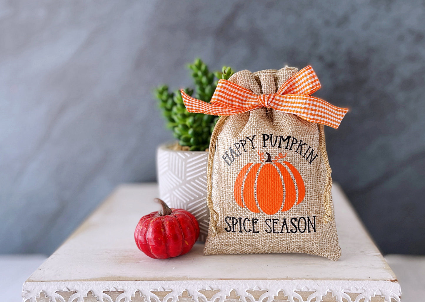 Autumn decorative mini burlap sack with pumpkin themes - Tiered tray decor