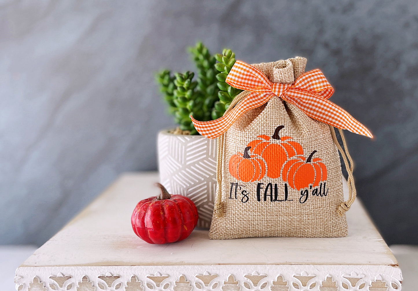 Autumn decorative mini burlap sack with pumpkin themes - Tiered tray decor