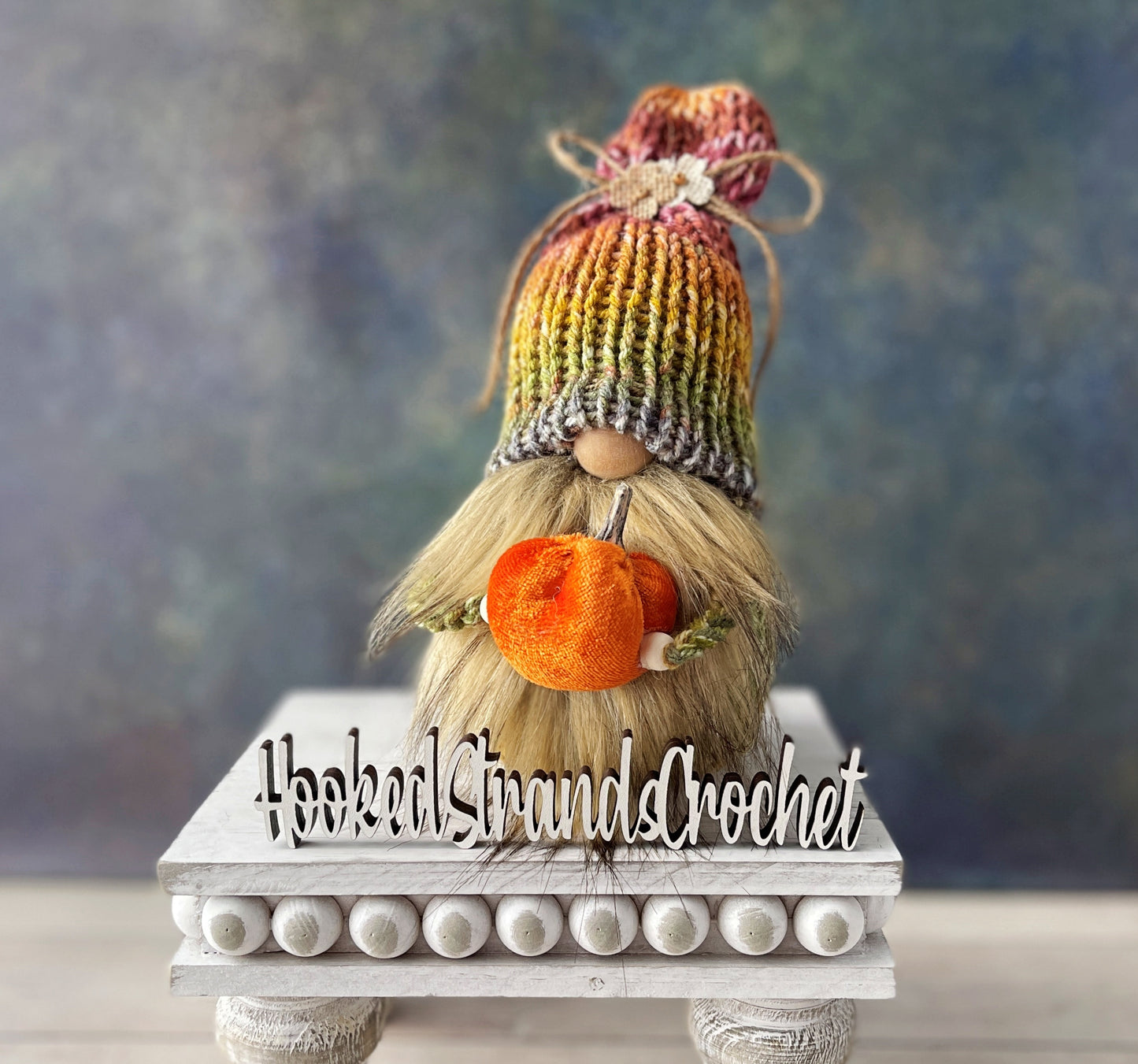 Festive fall knit gnome with pumpkin - Tiered tray decor