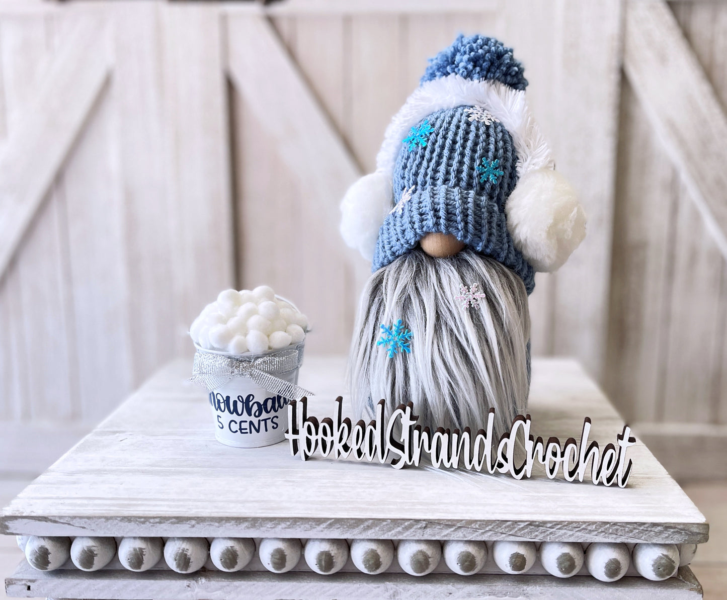 Adorable Snow Gnome with Earmuffs and snowball bucket- Festive Christmas Decor for Winter Wonderland