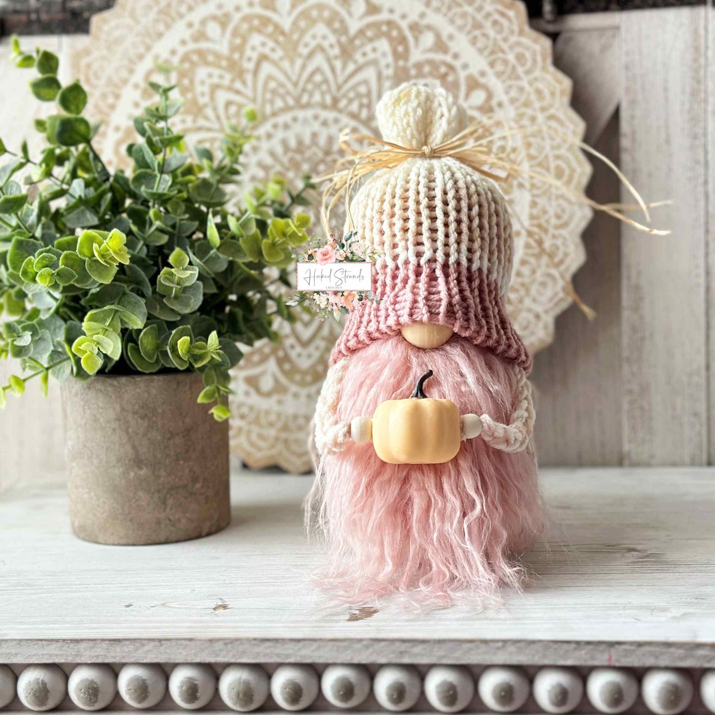 Autumn Wonderland: Pink Knit Gnome and Pumpkin Stack for Fall Decor and Tiered Tray