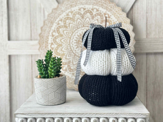 Spooky Black and White Knit Pumpkin Stack Tiered Tray Decor for Halloween