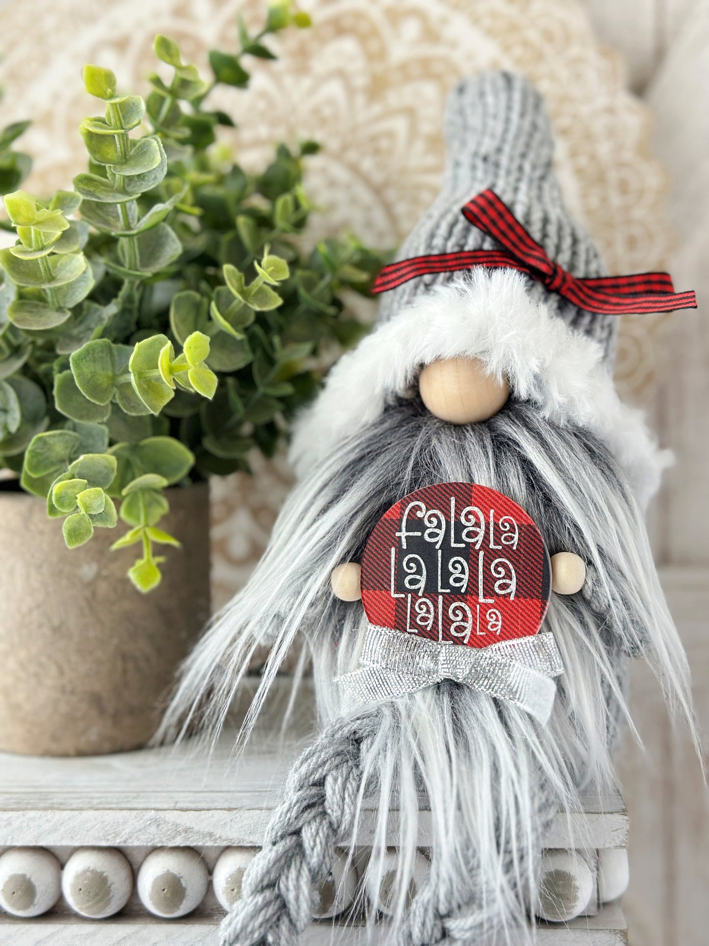 Rustic Buffalo Plaid Knit Christmas Gnome with Festive Sign - Festive Holiday Decor