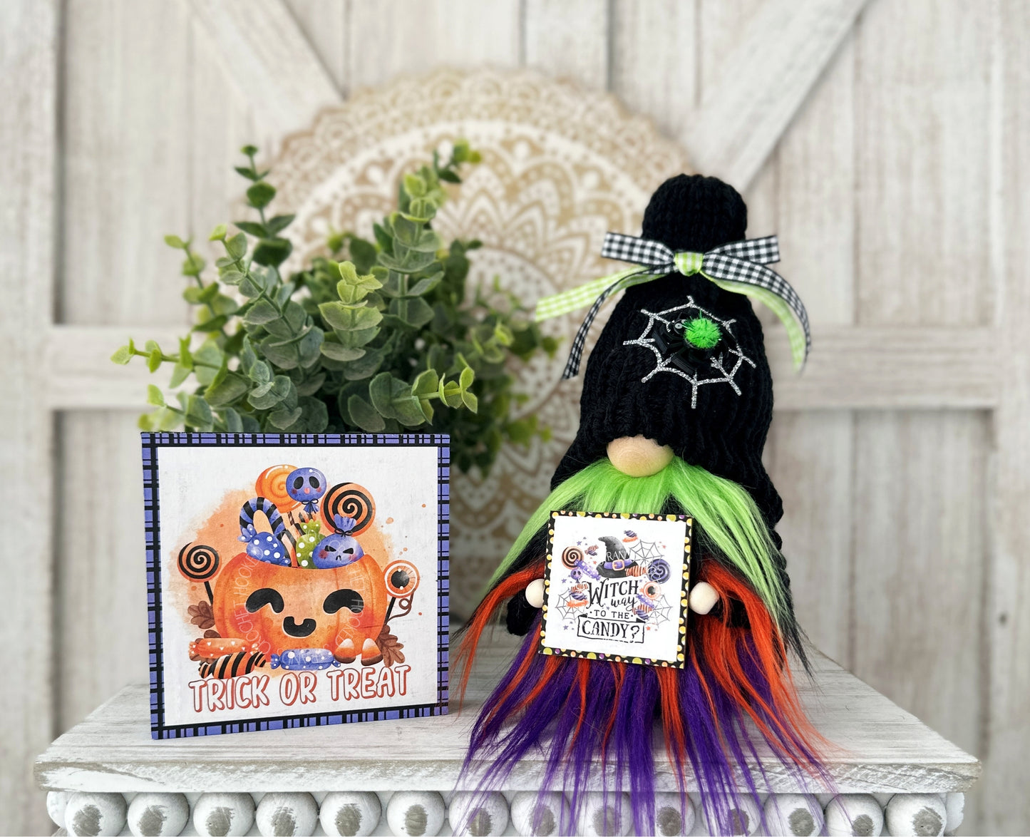 Spooky Halloween Knit Gnome with Sign & Spider Web: Multi-Colored Beard, Tiered Tray Decor - By Hooked Strands Crochet