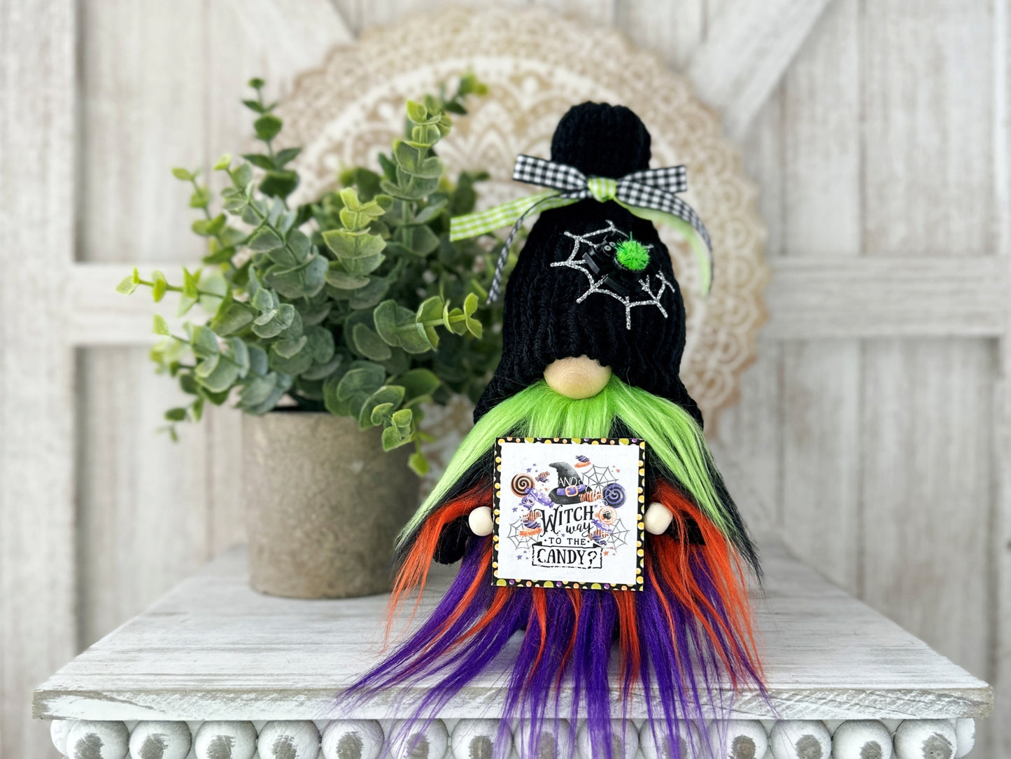 Spooky Halloween Knit Gnome with Sign & Spider Web: Multi-Colored Beard, Tiered Tray Decor - By Hooked Strands Crochet