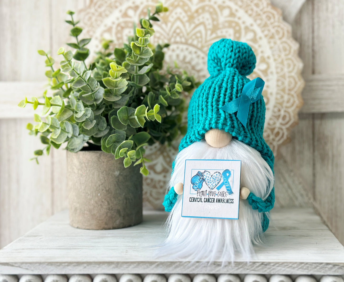 Cute Teal Knit Cervical Cancer Awareness Gnome - Ovarian Cancer Fighter - Thoughtful Gift Idea