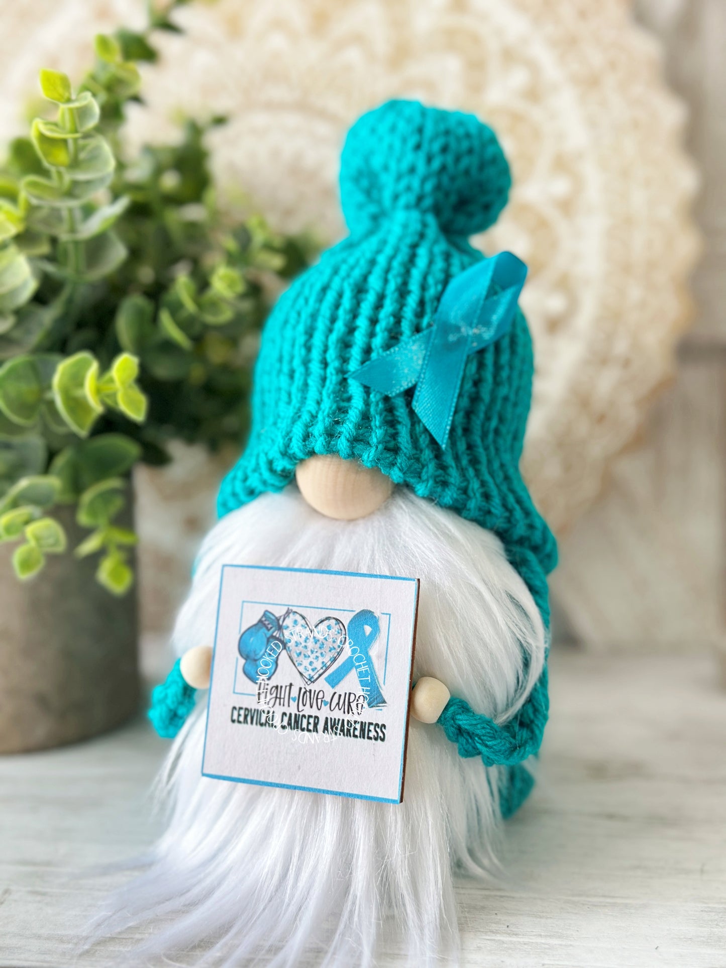 Cute Teal Knit Cervical Cancer Awareness Gnome - Ovarian Cancer Fighter - Thoughtful Gift Idea