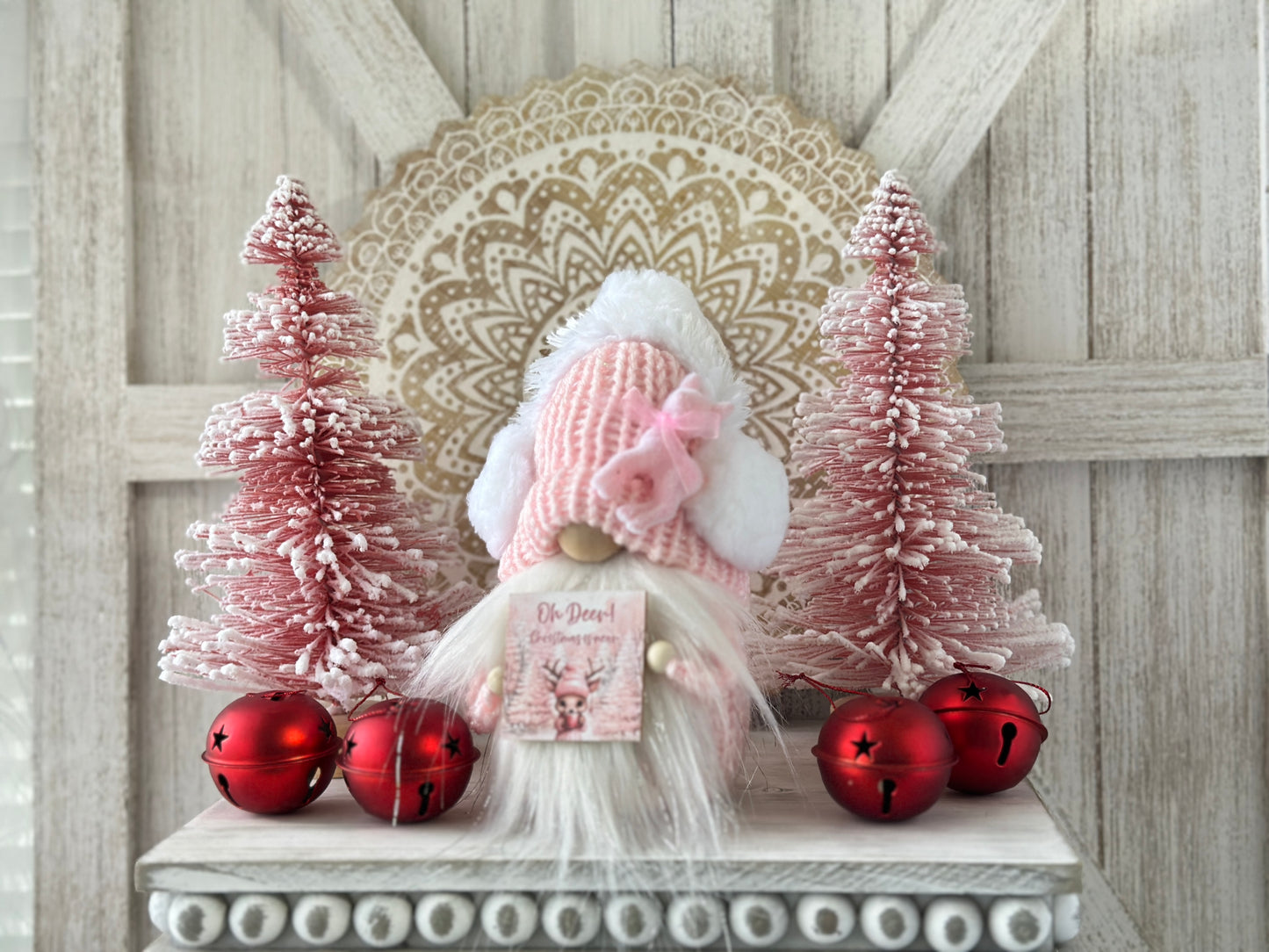 Whimsical Pink Knit Christmas Gnome with Ear Muffs & 'Oh deer, Christmas is near' Sign - Tiered Tray Decor by Hooked Strands Crochet