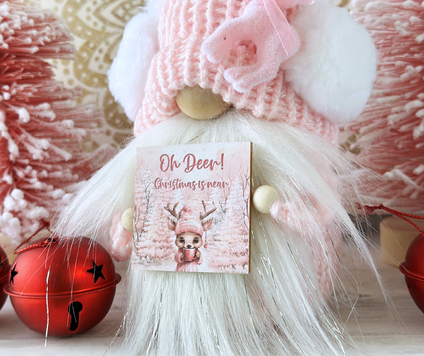 Whimsical Pink Knit Christmas Gnome with Ear Muffs & 'Oh deer, Christmas is near' Sign - Tiered Tray Decor by Hooked Strands Crochet