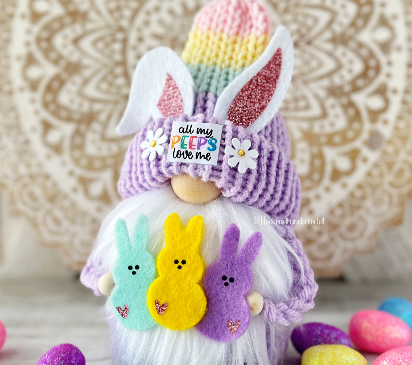 Pastel Spring Bunny Gnome for Easter Decor | Tiered Tray Decor by Hooked Strands Crochet