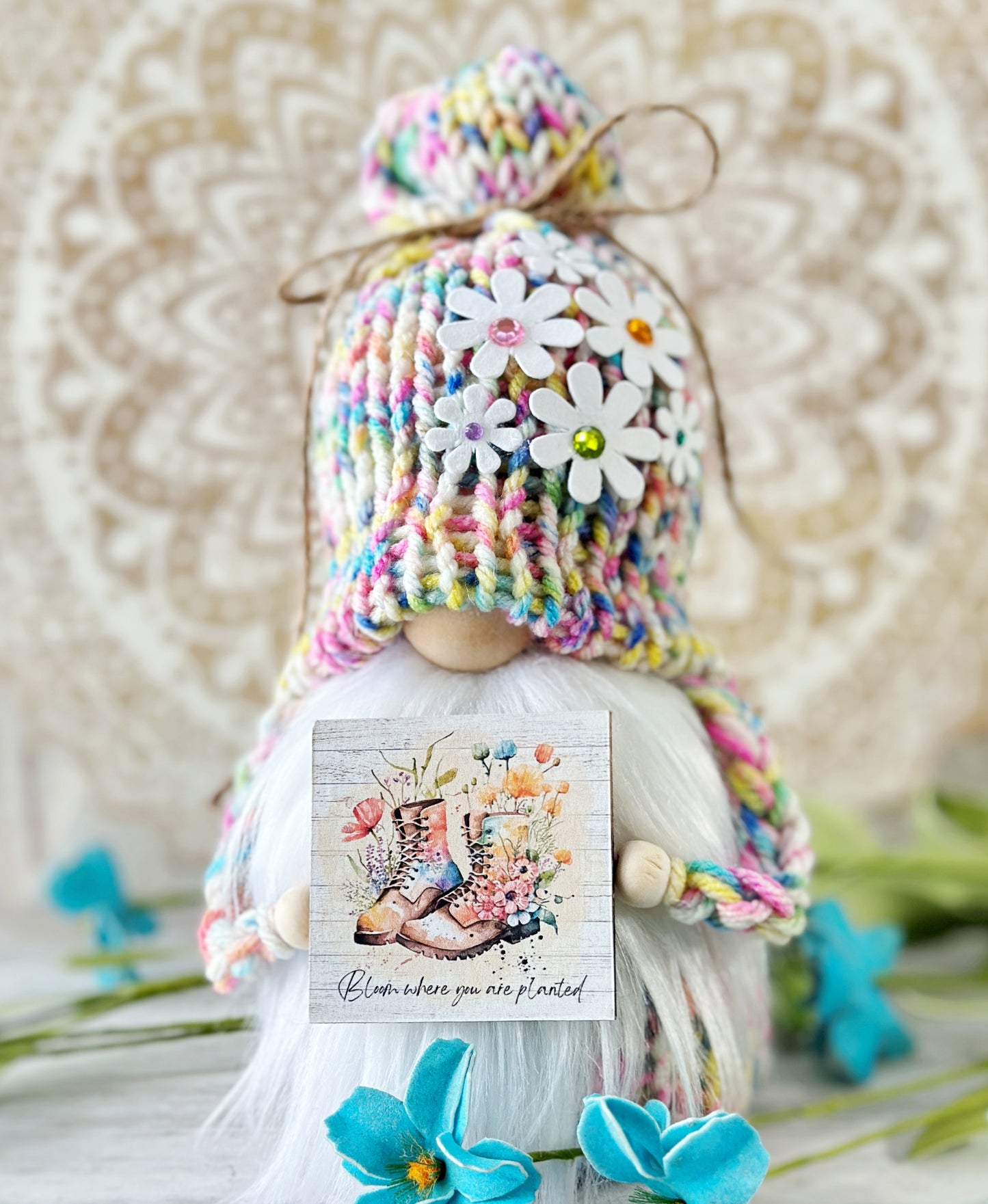 Colorful Spring Gnome Centerpiece - Exquisite Tiered Tray Decor by Hooked Strands Crochet