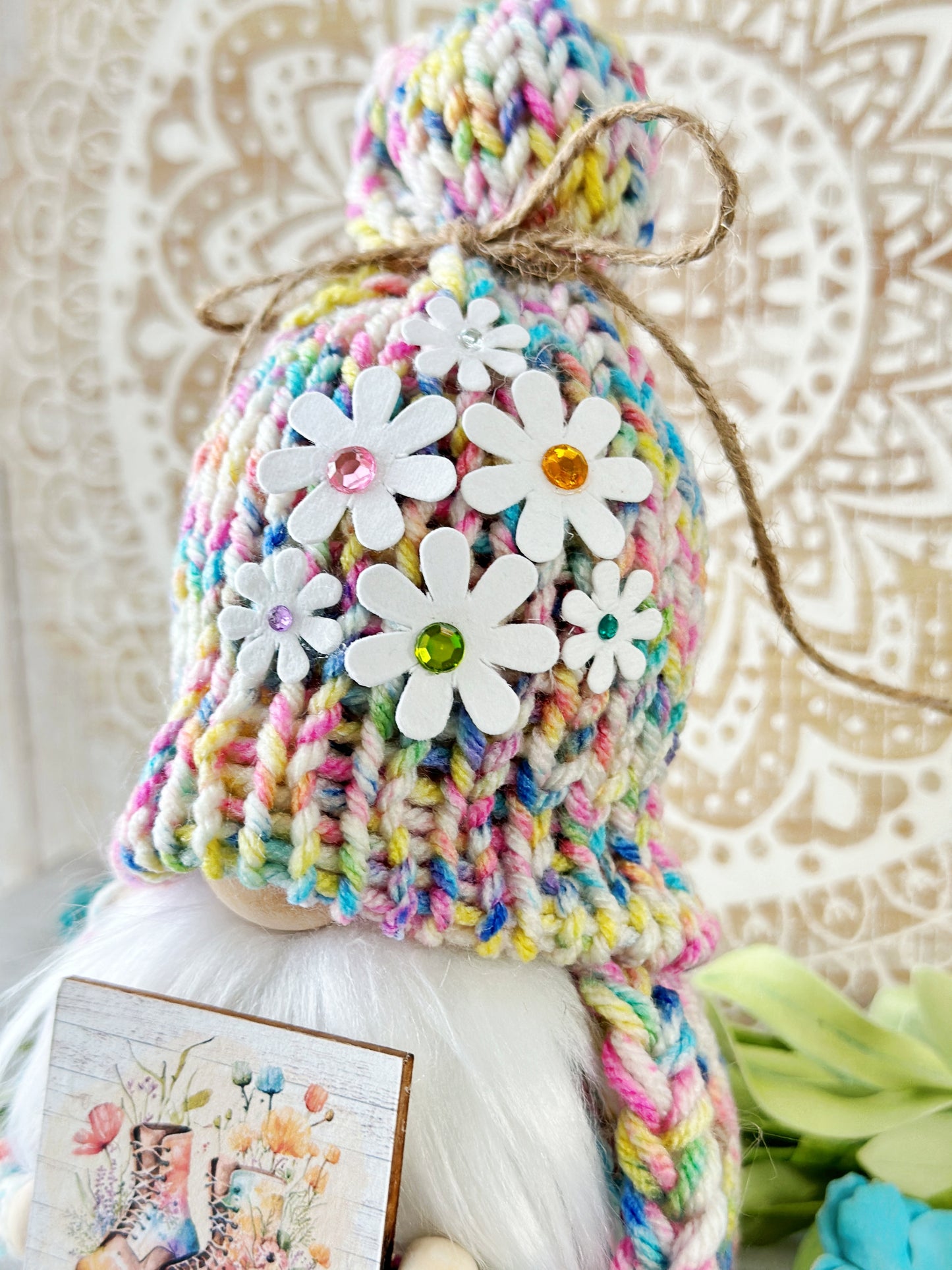 Colorful Spring Gnome Centerpiece - Exquisite Tiered Tray Decor by Hooked Strands Crochet