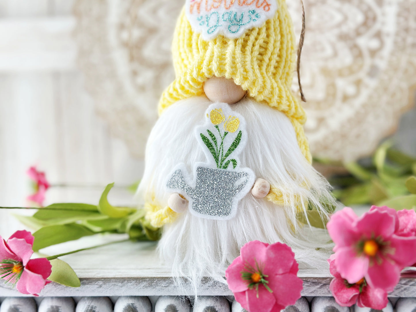 Mother's Day Gnome with Tulips - Spring Tiered Tray Decor - Unique Gift from Hooked Strands Crochet