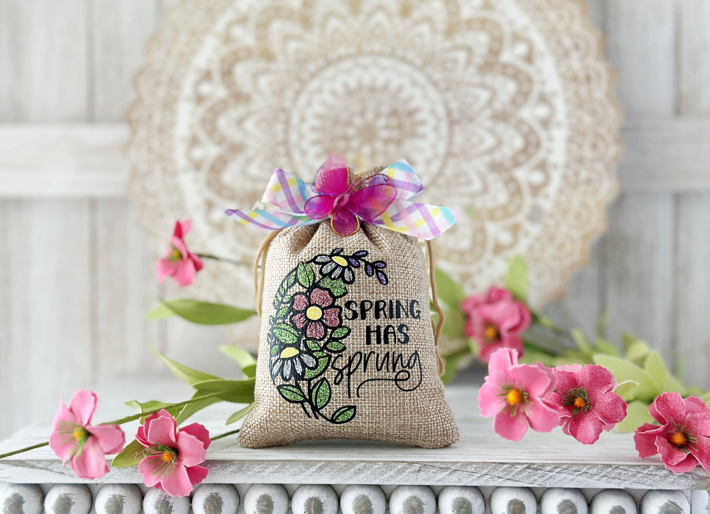 Spring Mini Burlap Bag for Tiered Tray Decor - Handcrafted by Hooked Strands Crochet