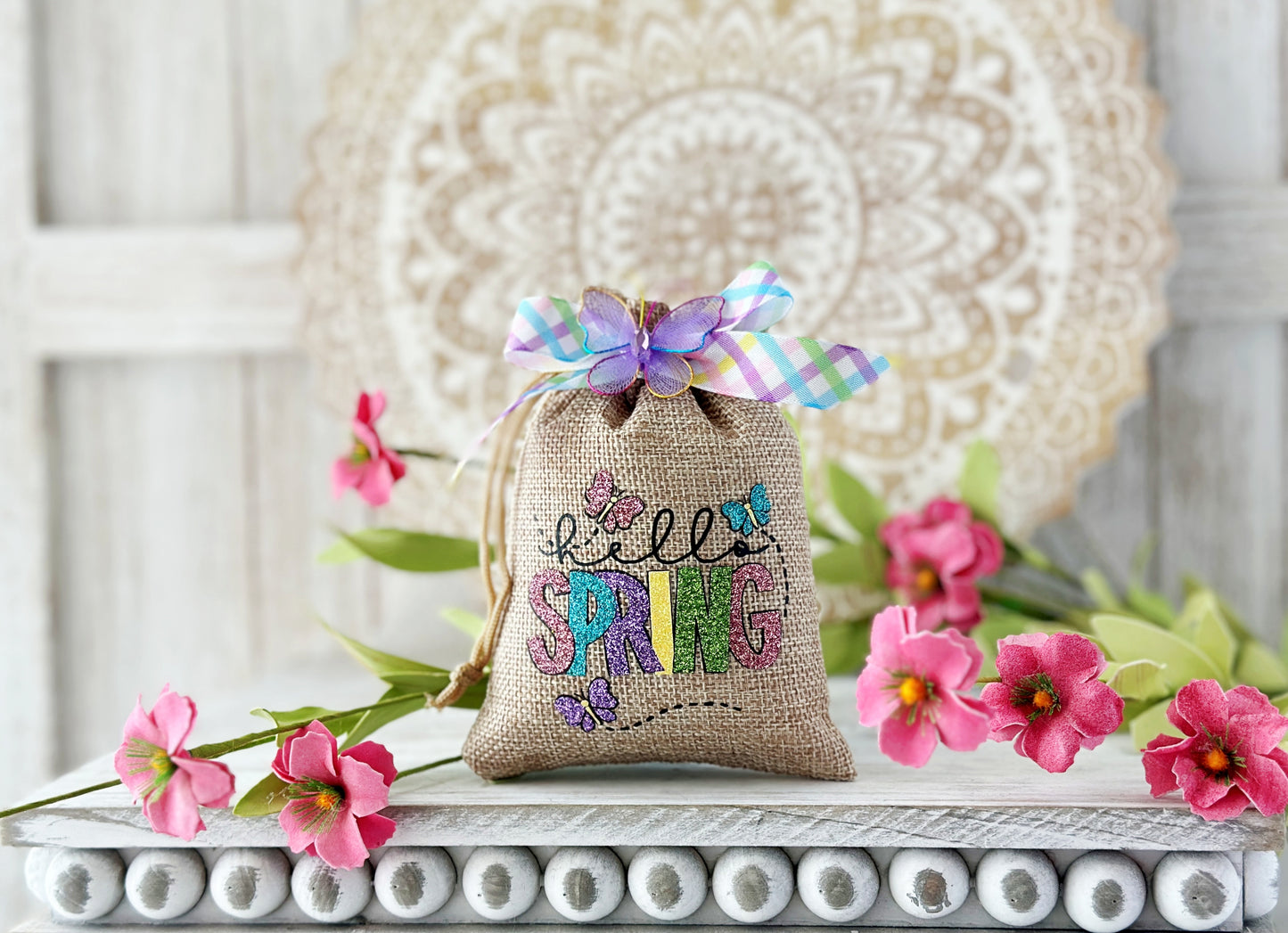 Spring Mini Burlap Bag for Tiered Tray Decor - Handcrafted by Hooked Strands Crochet