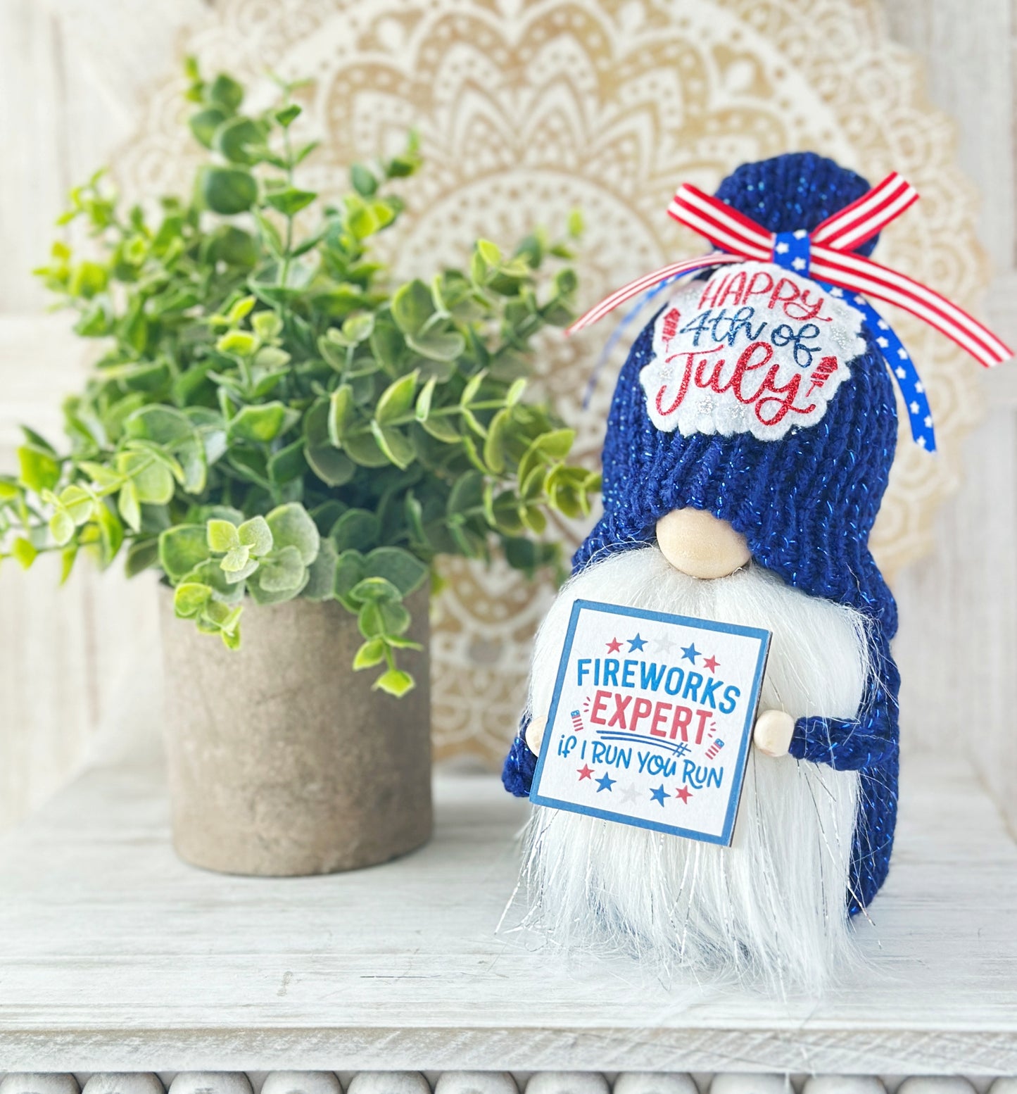 Patriotic 4th of July tiered tray decor, Boy or girl gnome, Mini decorative bags, 4 inch sign