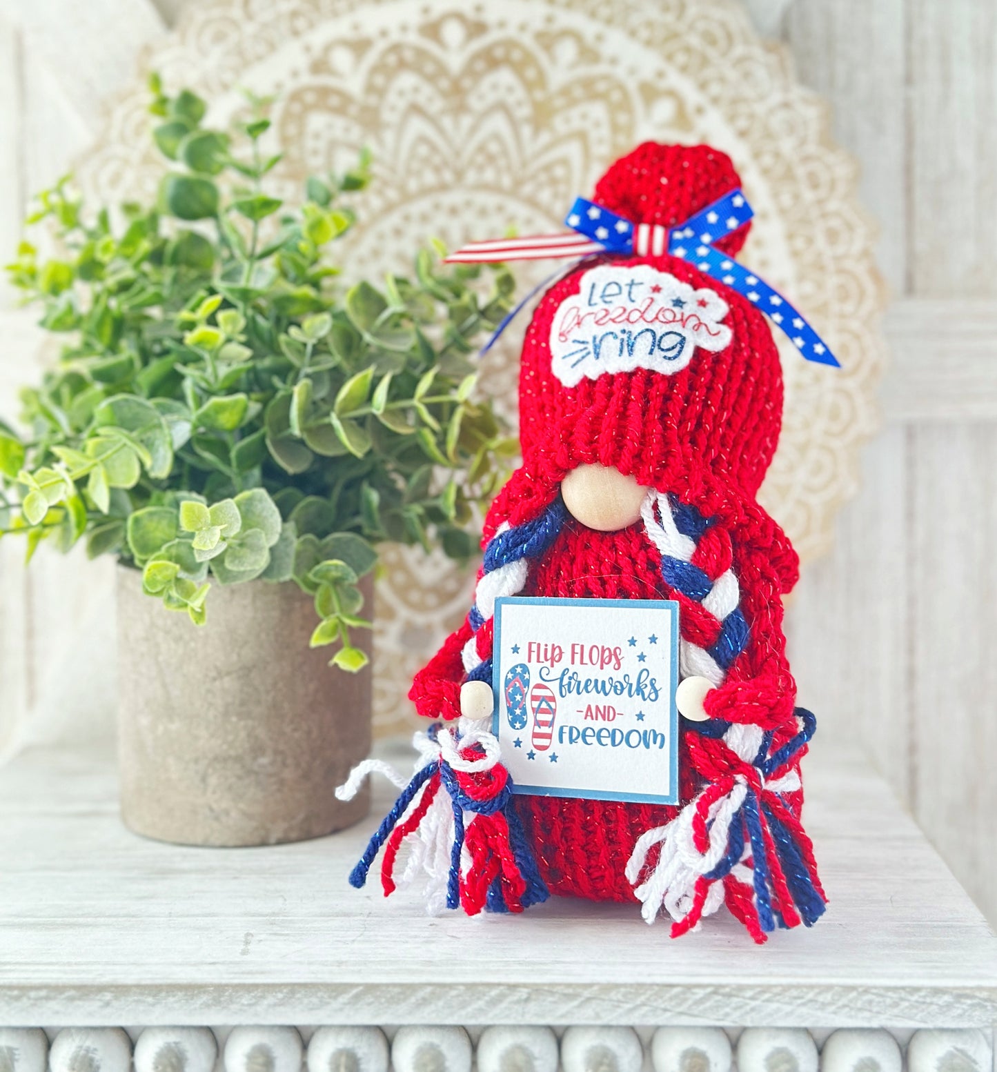 Patriotic 4th of July tiered tray decor, Boy or girl gnome, Mini decorative bags, 4 inch sign