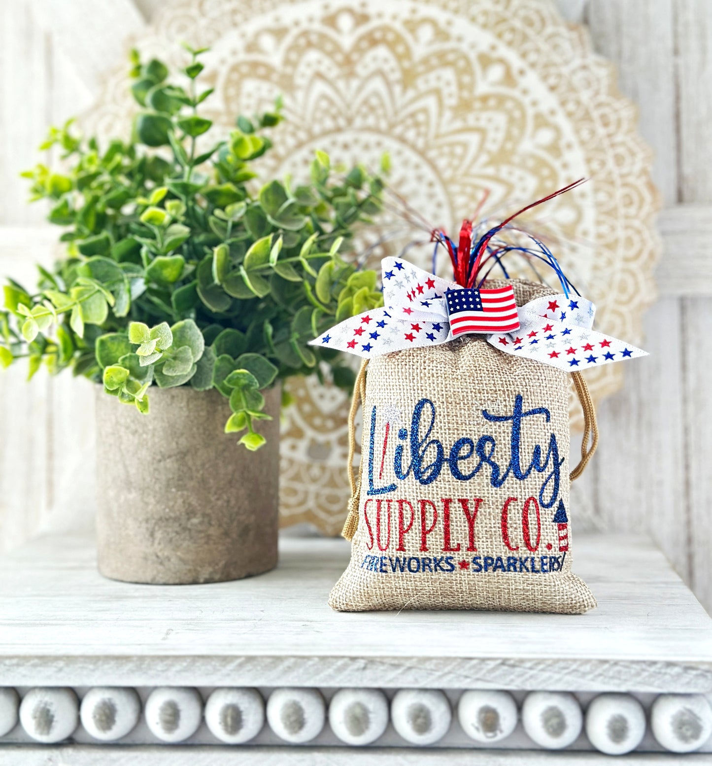 Patriotic 4th of July tiered tray decor, Boy or girl gnome, Mini decorative bags, 4 inch sign