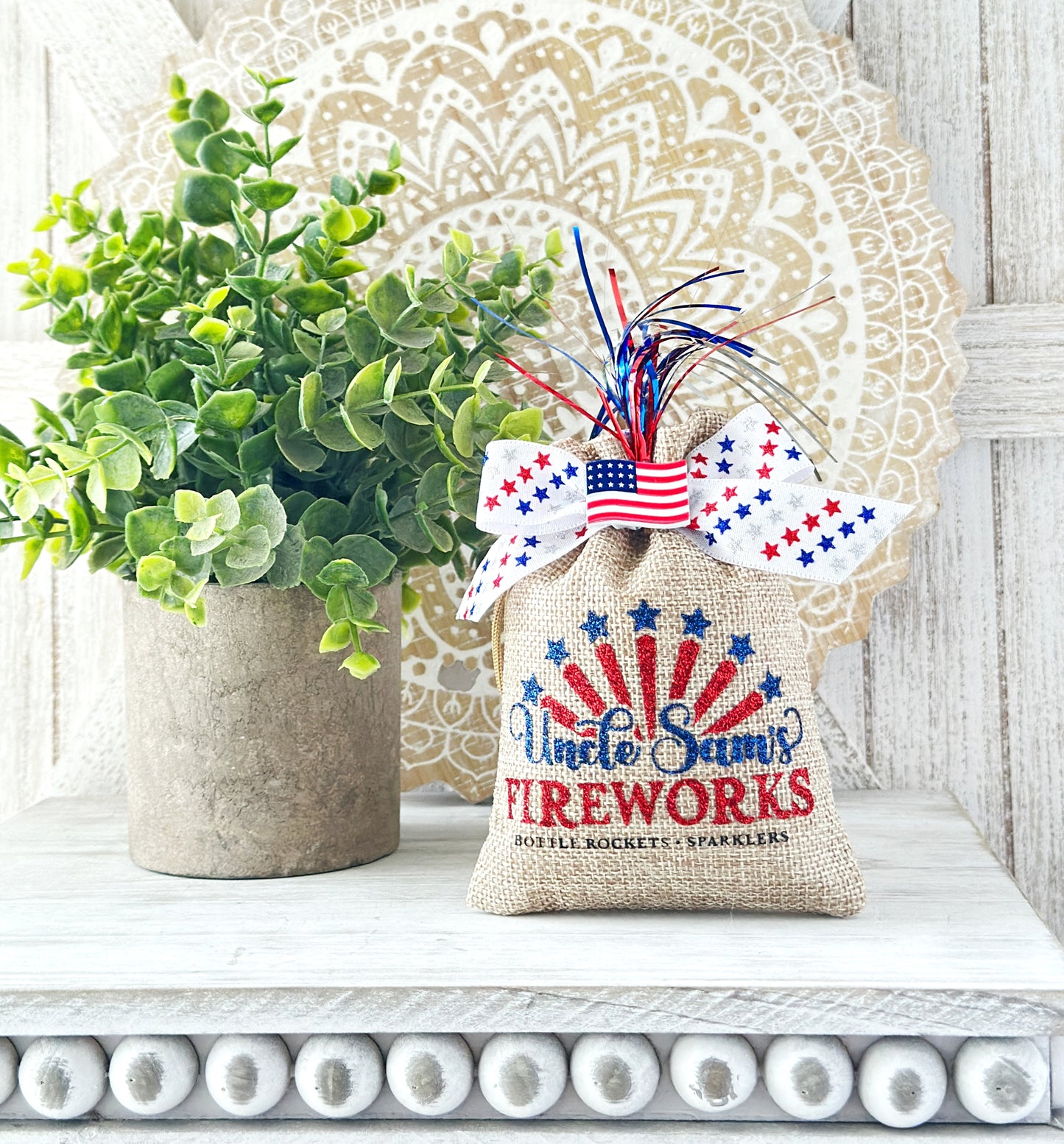 Patriotic 4th of July tiered tray decor, Boy or girl gnome, Mini decorative bags, 4 inch sign