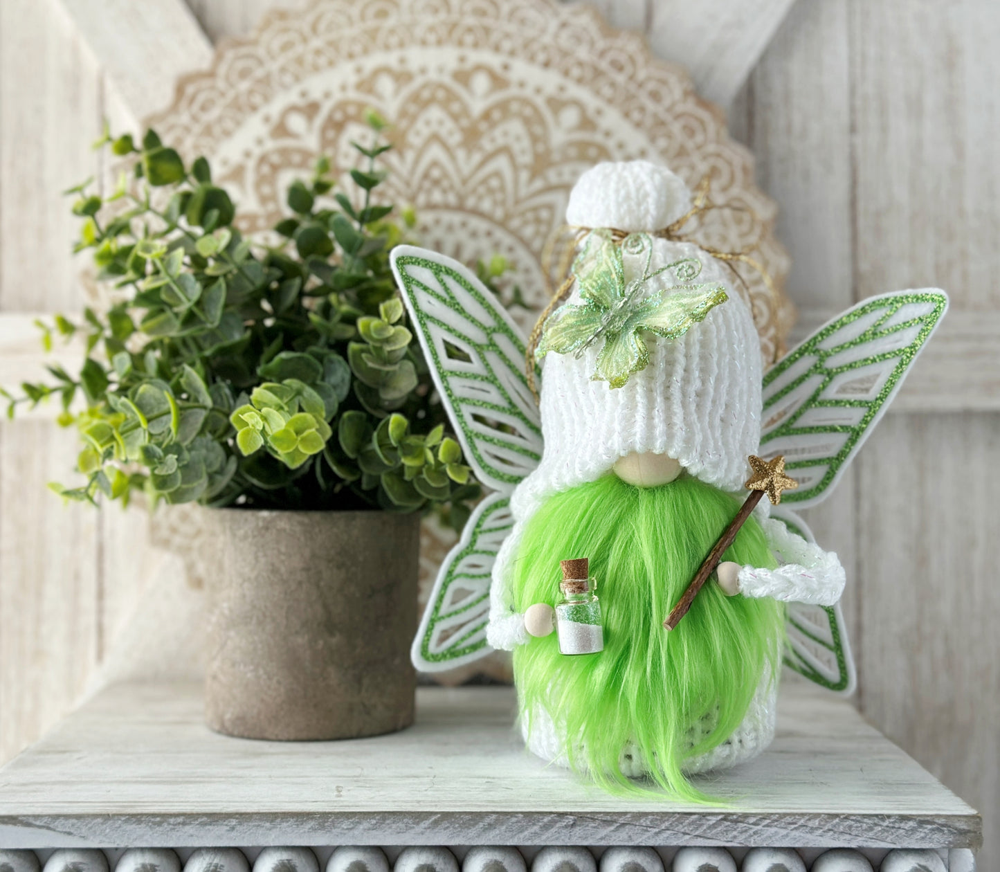 Magical Fairy Gnome with Pixie Dust and Wand Tiered Tray Decor - Handcrafted by Hooked Strands Crochet