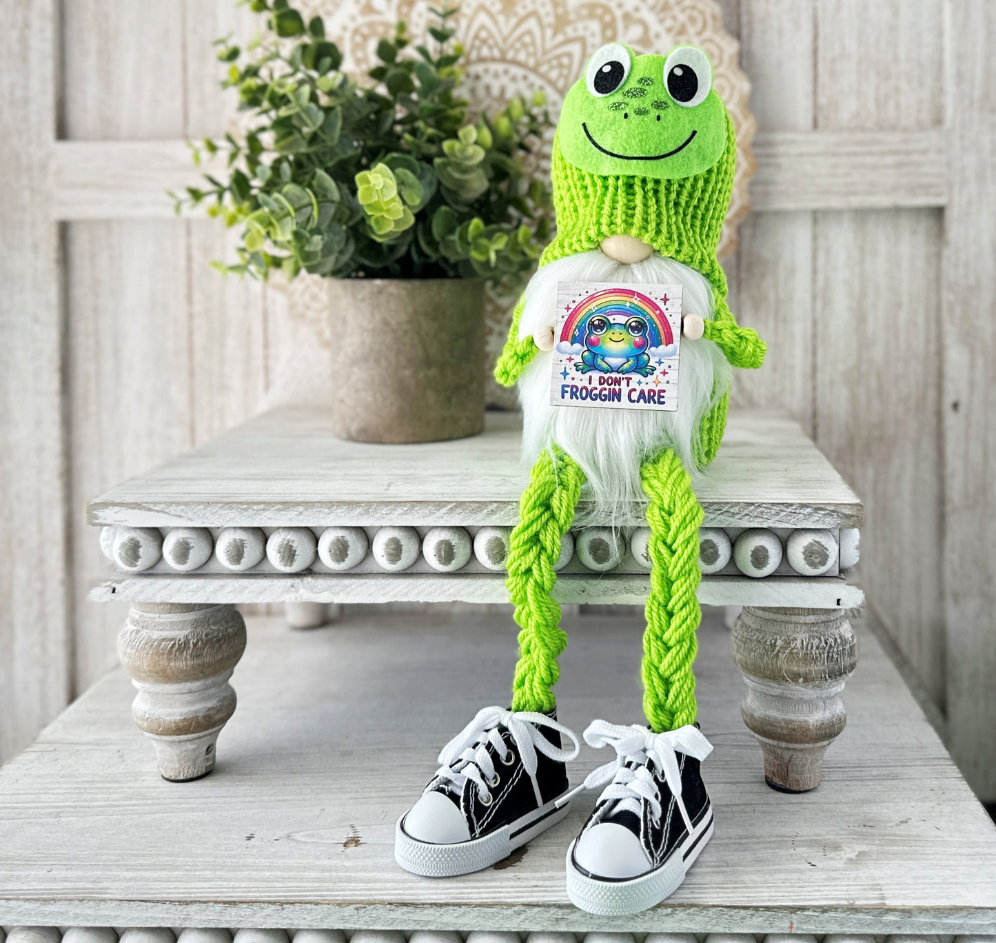 Tennis Shoe Frog Gnome with 'I Don't Froggin Care' Sign - Quirky Tiered Tray Decor