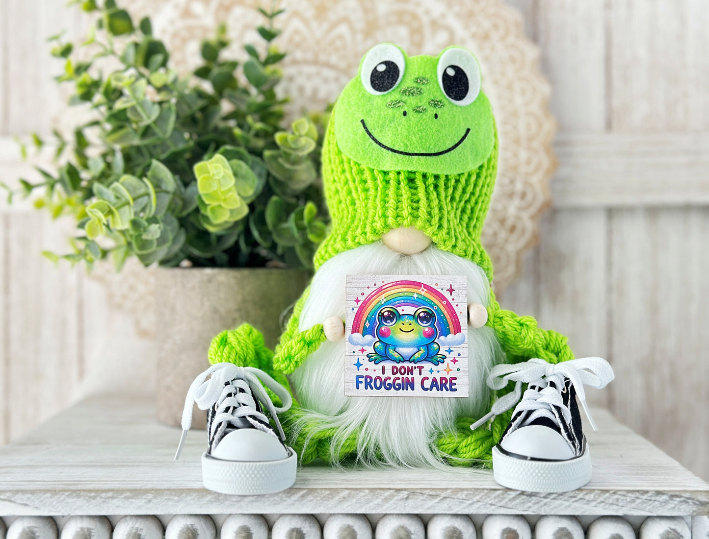 Tennis Shoe Frog Gnome with 'I Don't Froggin Care' Sign - Quirky Tiered Tray Decor