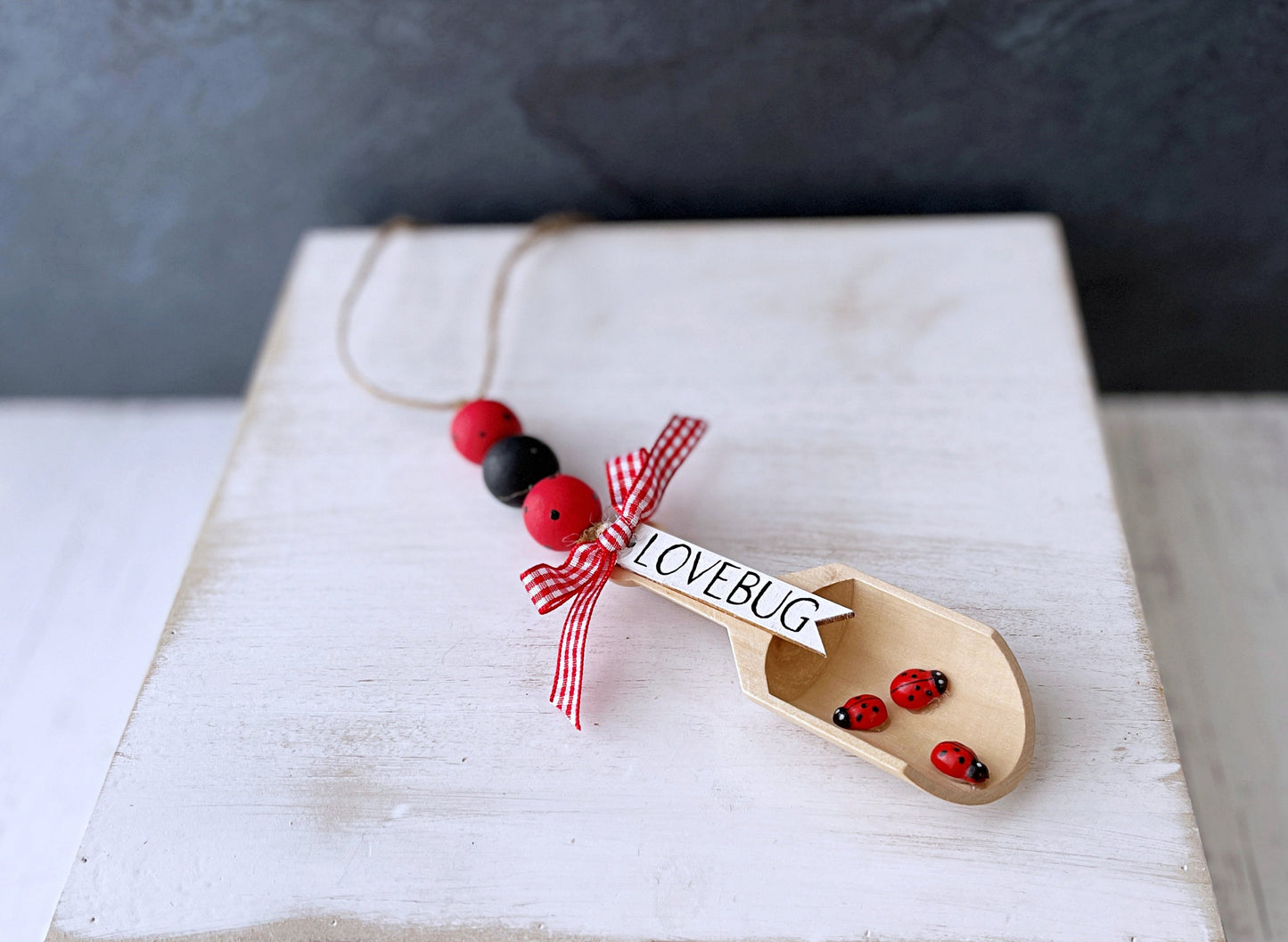 Sweet knit ladybug gnome with "lovebug" sign -Tiered tray decor