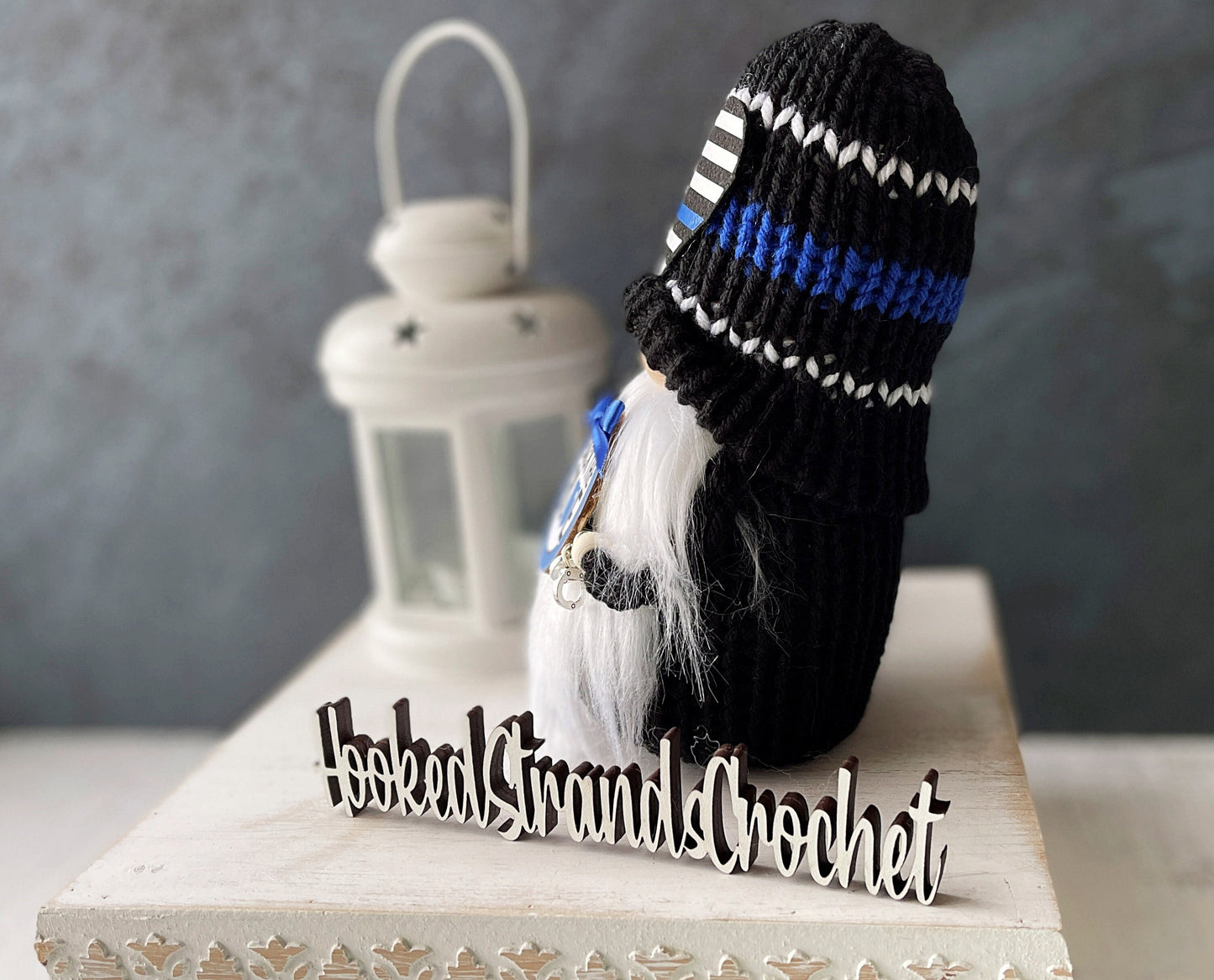 Police officer gnome, First responder gnome, Tiered tray decor, Thin blue line decor, Hero gnome, Gift idea, Knit gnome