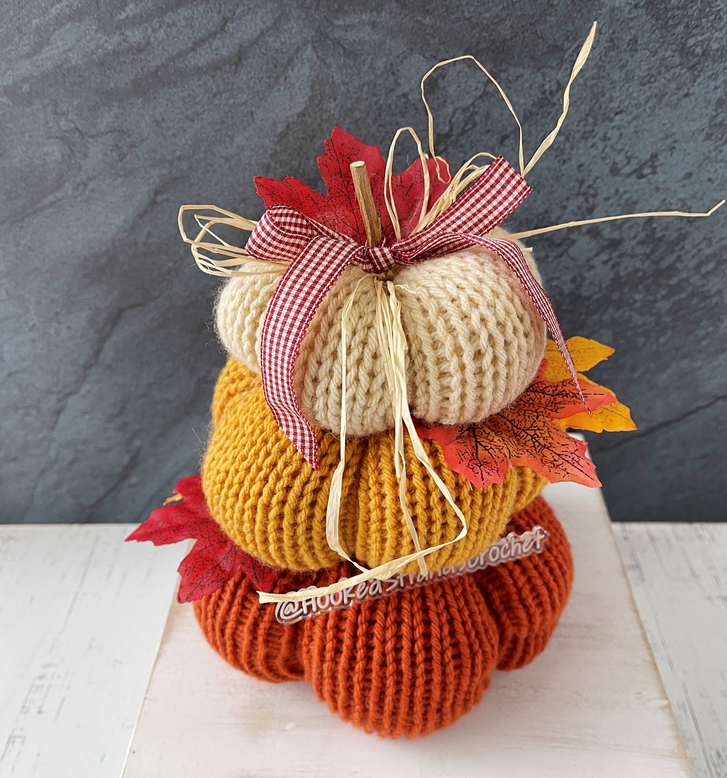 Rustic Fall Pumpkin Stack - Knit Pumpkins for Autumn Decor - Table Top Display - Tiered Tray Decor