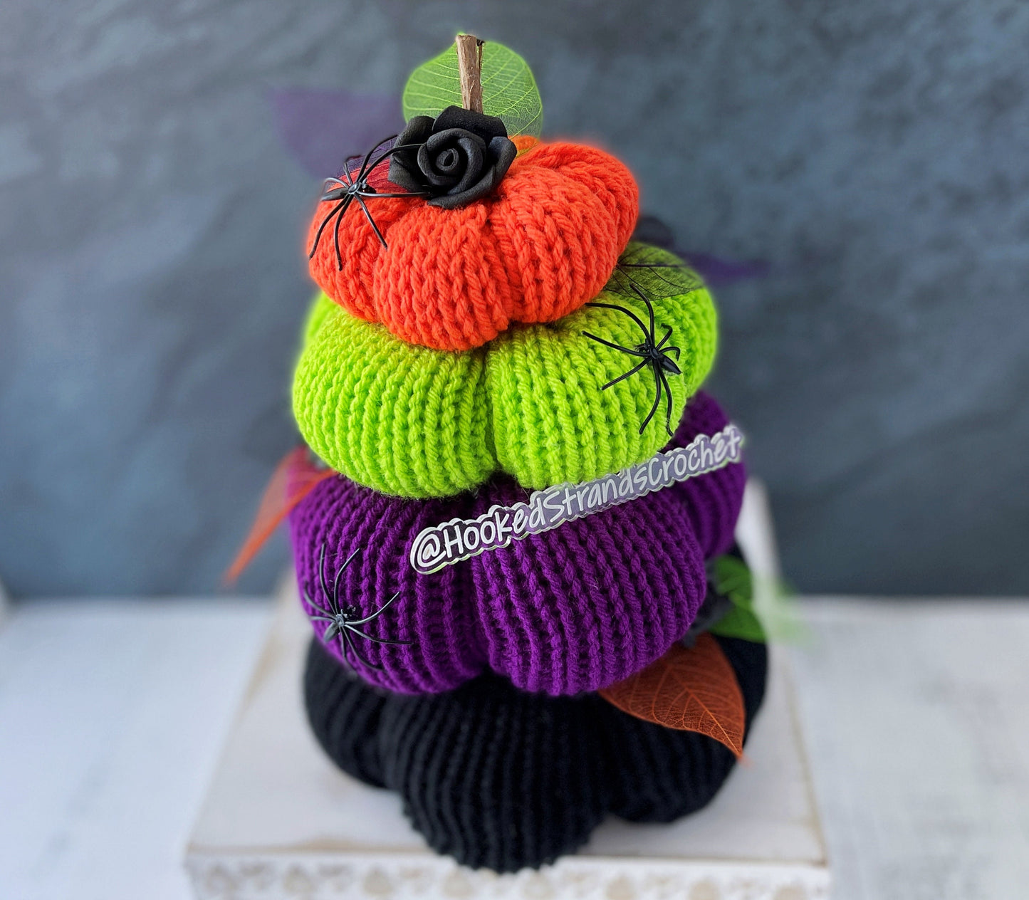 Halloween spooky knit pumpkin stack -Tiered tray decor