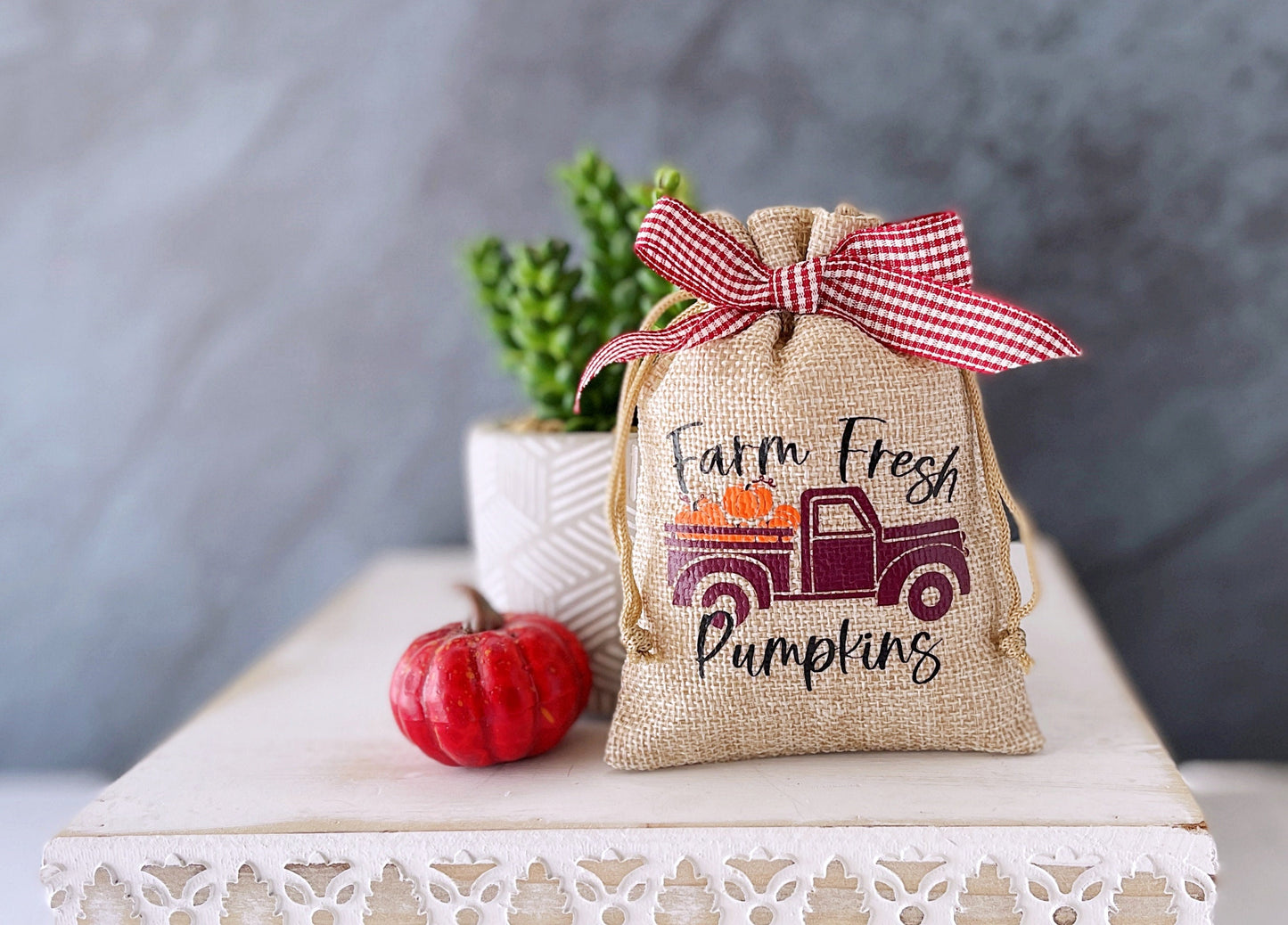 Autumn decorative mini burlap sack with pumpkin themes - Tiered tray decor