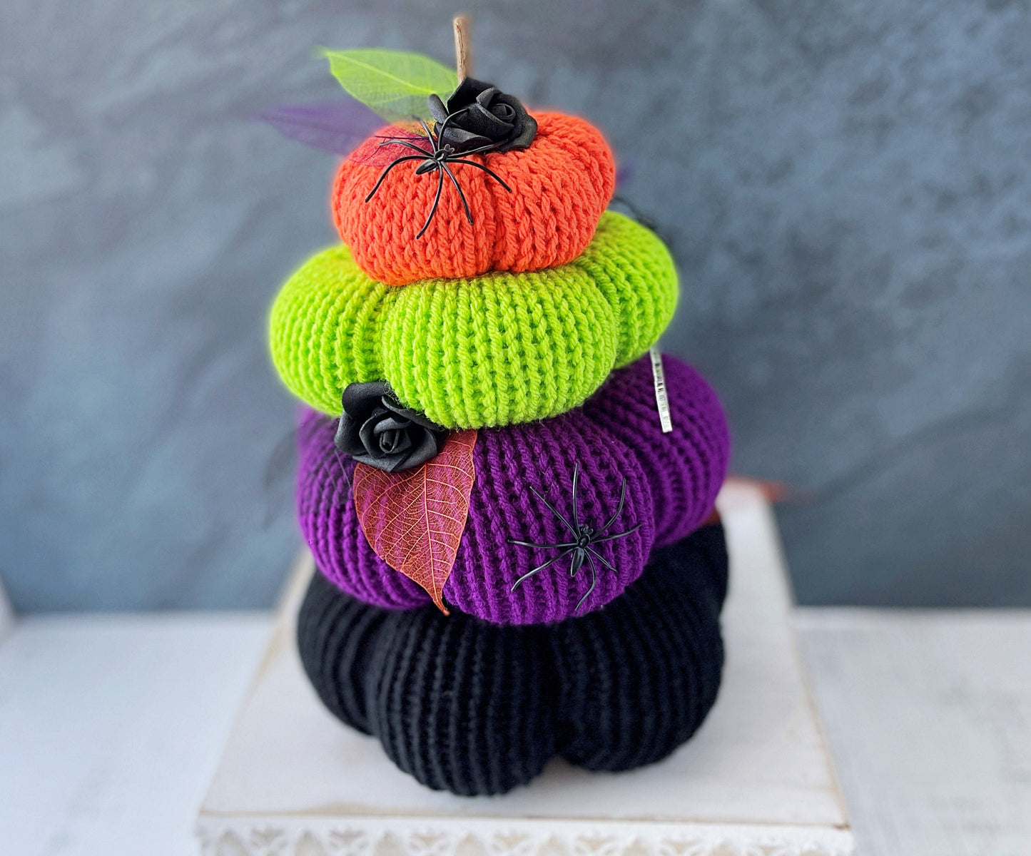 Halloween spooky knit pumpkin stack -Tiered tray decor