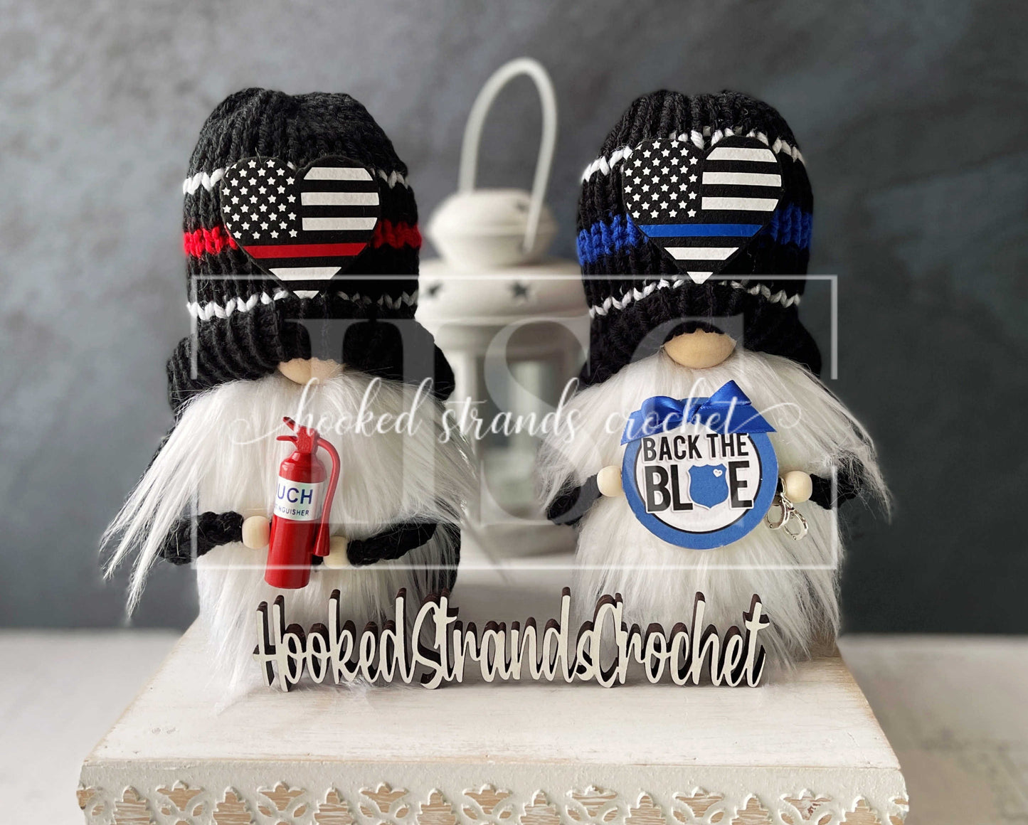 Police officer gnome, First responder gnome, Tiered tray decor, Thin blue line decor, Hero gnome, Gift idea, Knit gnome