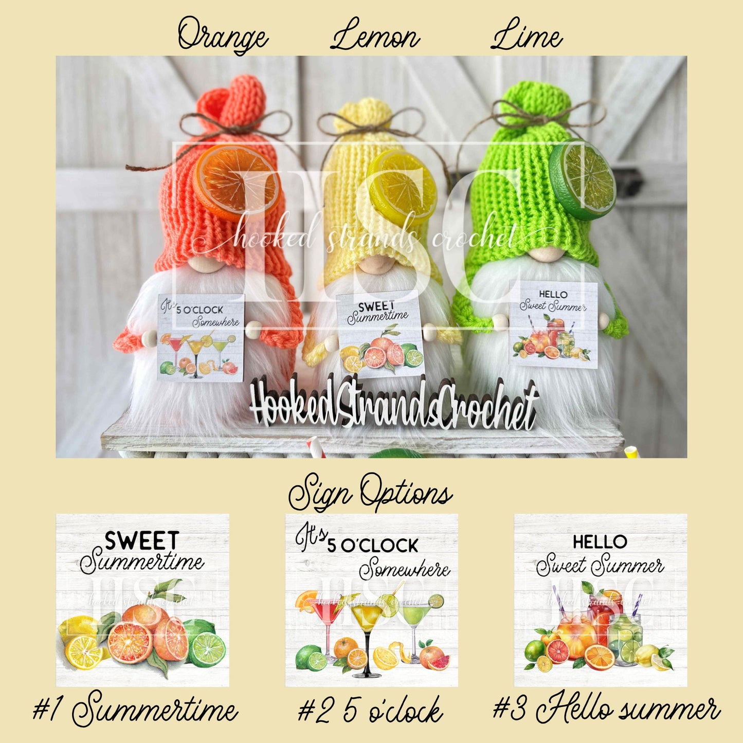 Sweet summer citrus knit gnome - Mini fruit cocktail drinks - Tiered tray decor