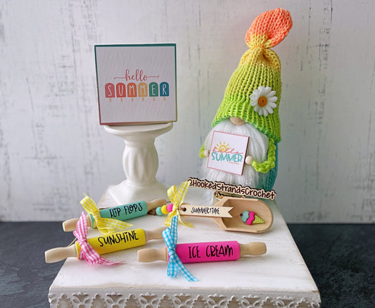 Colorful Summer Knit Gnome with Sign - Cheerful Neon Hues - Perfect for Tiered Tray Display