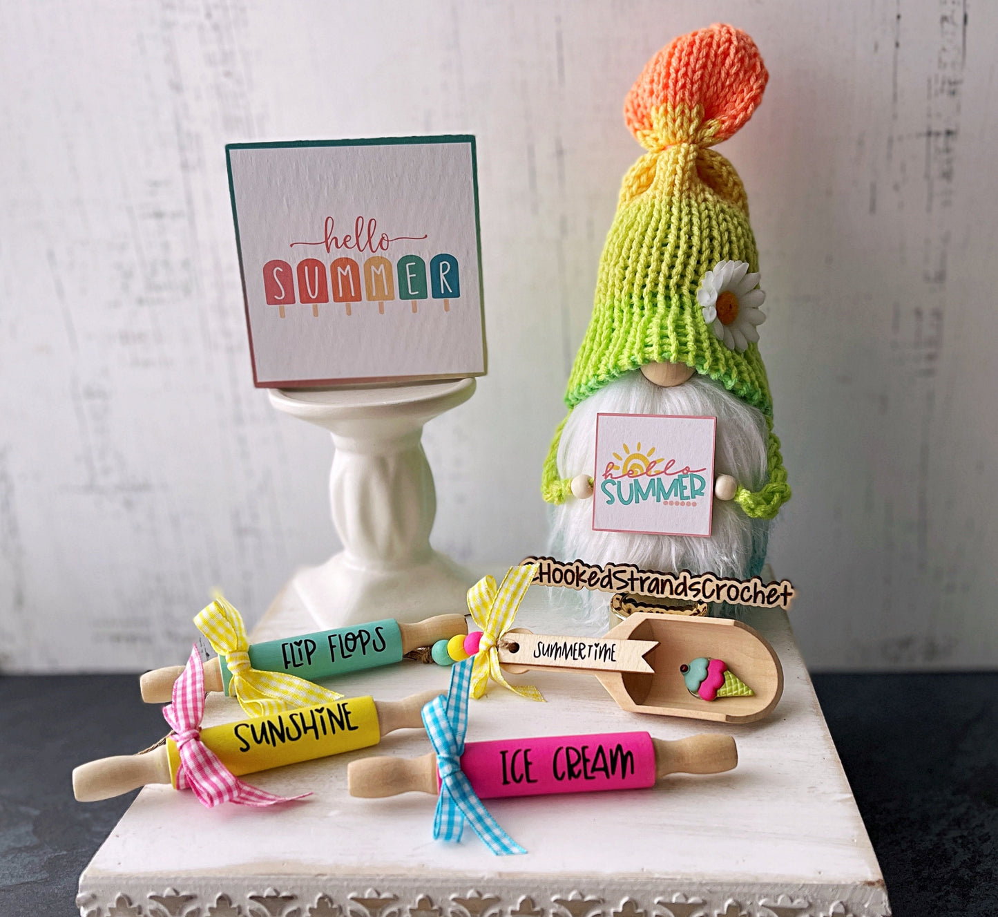 Colorful Summer Knit Gnome with Sign - Cheerful Neon Hues - Perfect for Tiered Tray Display