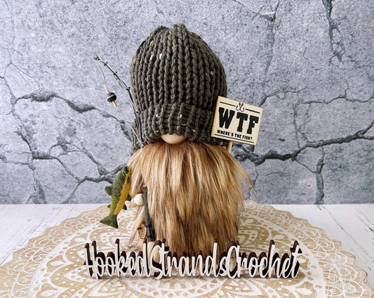 Charming knit fisherman gnome with "WTF Where's the fish?" sign - Gift for Dad - Tiered tray decor