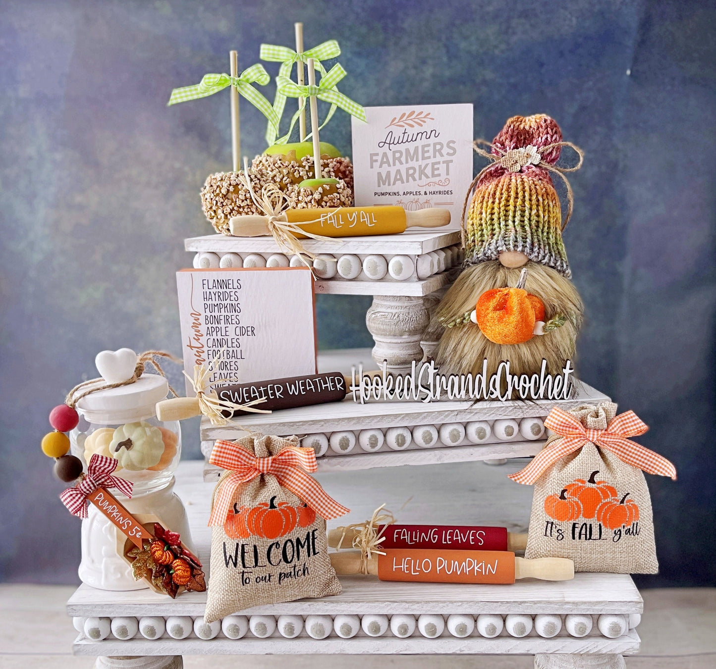 Festive fall knit gnome with pumpkin - Tiered tray decor